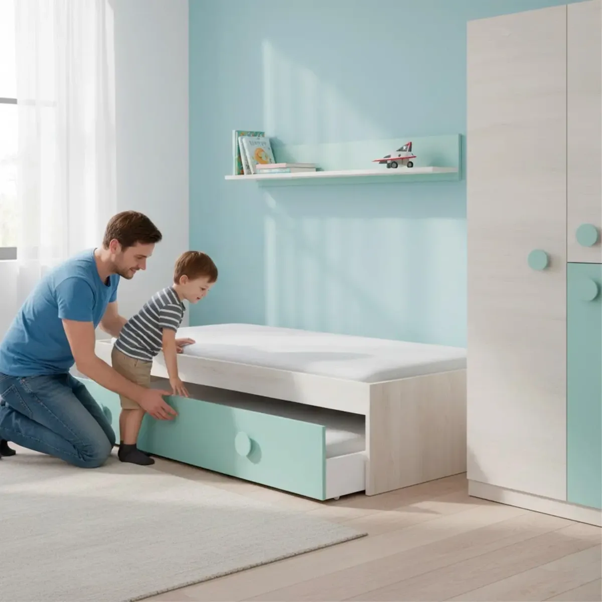 Letto Singolo a Scomparsa per Ragazzi con Letto Estraibile e Mensola a Muro Salvaspazio per Cameretta Camera da Letto Design Moderno Salvaspazio 201 x 43 x 98 Cm