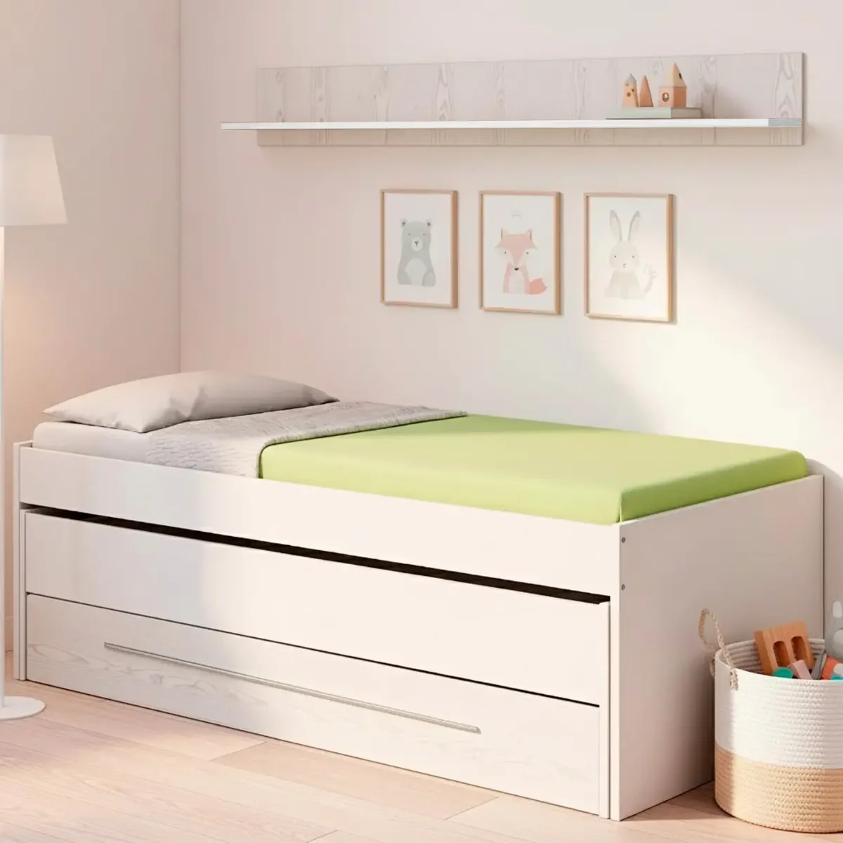 Letto Salvaspazio con Letto Estraibile Cassetto e Mensola Design Nordico Ideale per Camerette Piccole Pratico Robusto e Funzionale 65 × 199 × 96 Cm