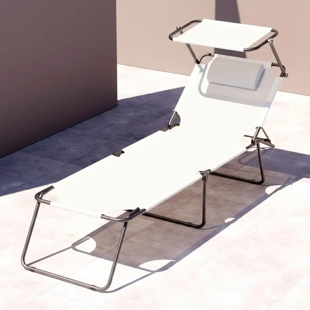 2 Lettini Pieghevoli con Tettuccio Regolabile e Schienale Reclinabile, Struttura in Metallo Nero, Sdraio Prendisole per Spiaggia, Mare, Giardino e Piscina - 187 x 53 x 24 cm