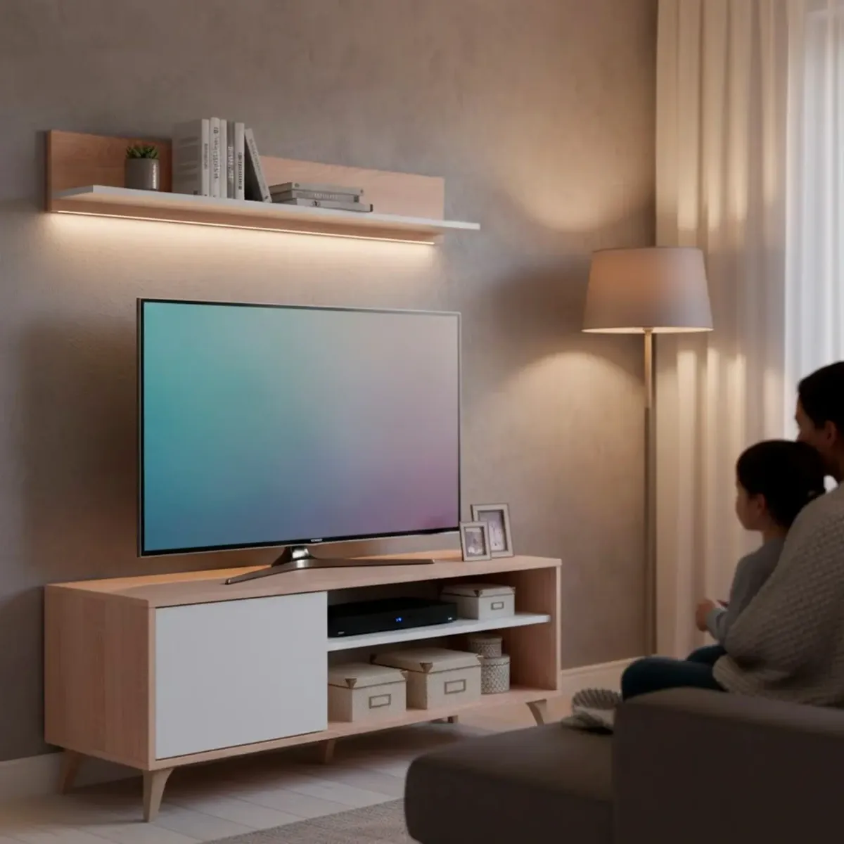 Mobile TV con Mensola Parete Attrezzata in Stile Nordico da 135 Cm con Anta Push e Vani Multimediali Mobile Porta TV con Ripiano a Parete Soggiorno Moderno 135 x 50 x 40 Cm