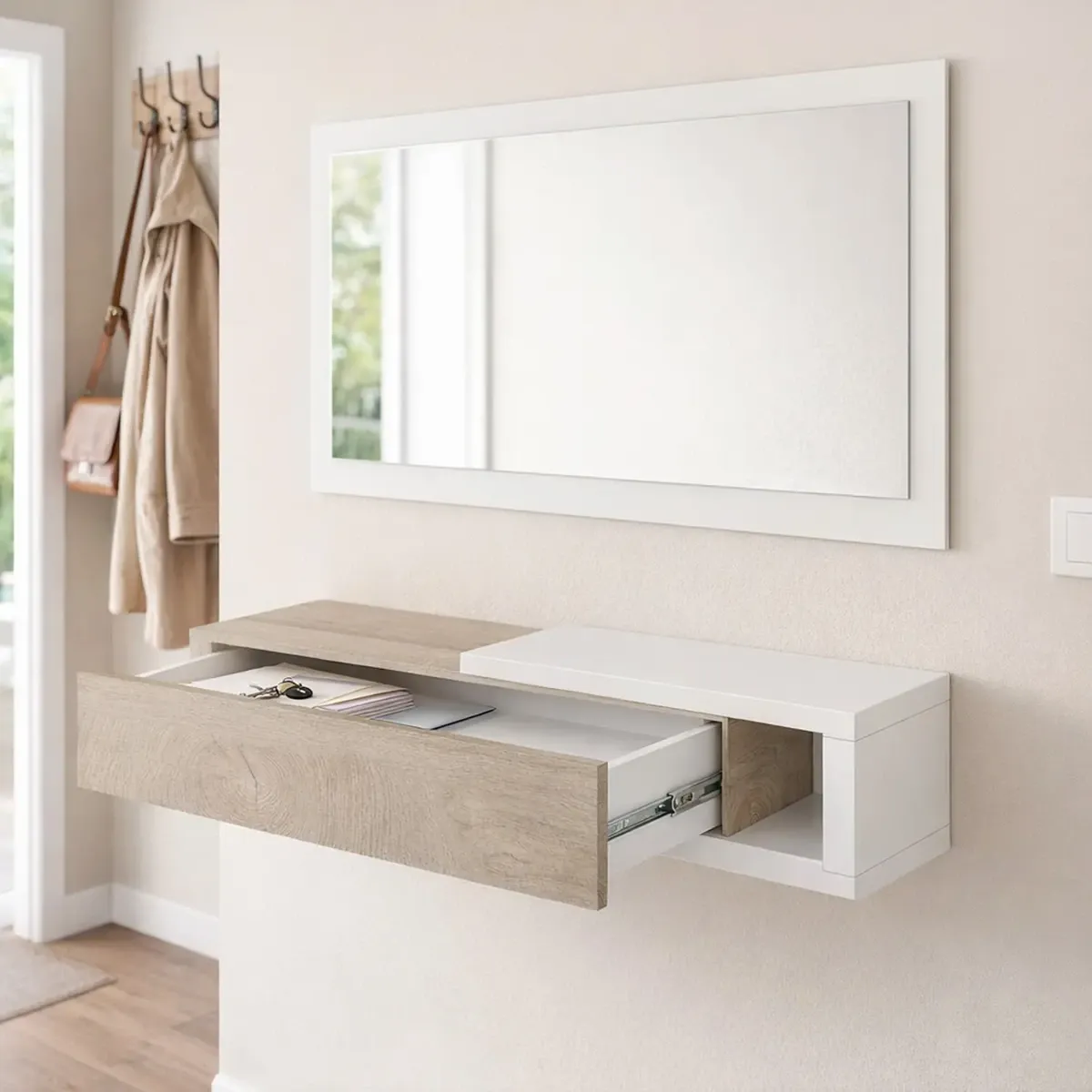 Mobile Maiorca Mobiletto da Ingresso Sospeso con Cassetto Mensola e Specchio Arredo Arredamento Sala 95 x 19 x 26 cm