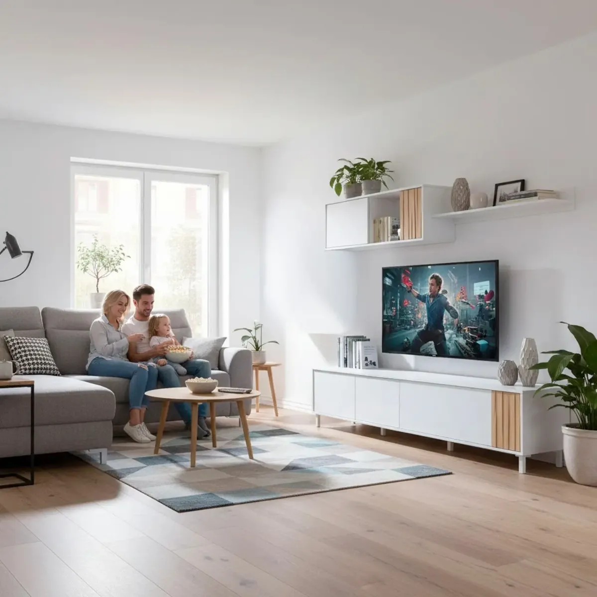 Parete Attrezzata Moderna Mobile Soggiorno TV con Modulo Pensile e Mensola con 4 Ante Fori Passacavi Design Moderno Soggiorno Salotto Sala da Pranzo 47 x 200 x 40 Cm
