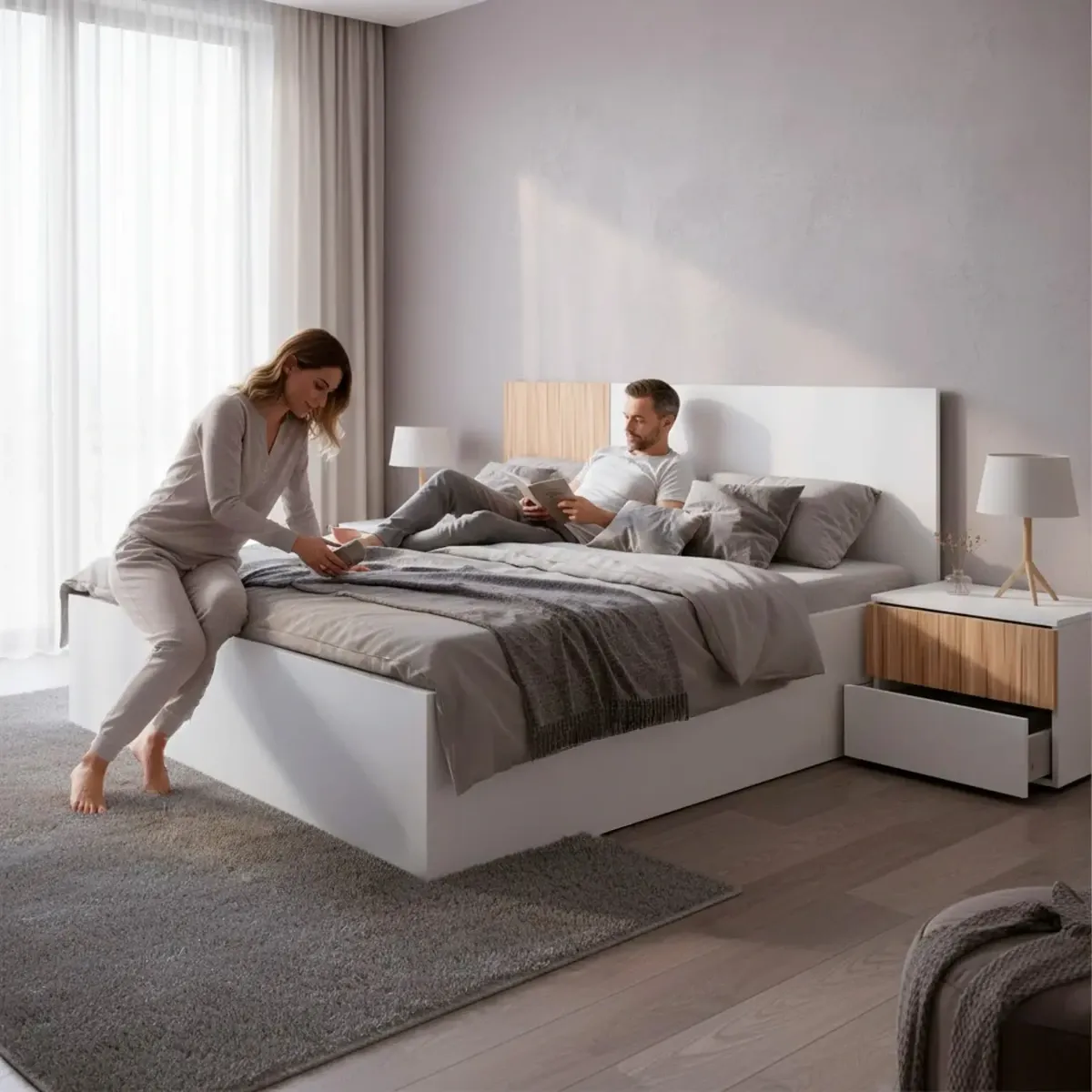 Testiera Letto Matrimoniale da 160 Cm con 2 Comodini a 2 Cassetti Set Camera da Letto Moderno con Fissaggio a Parete Design Moderno Scandinavo