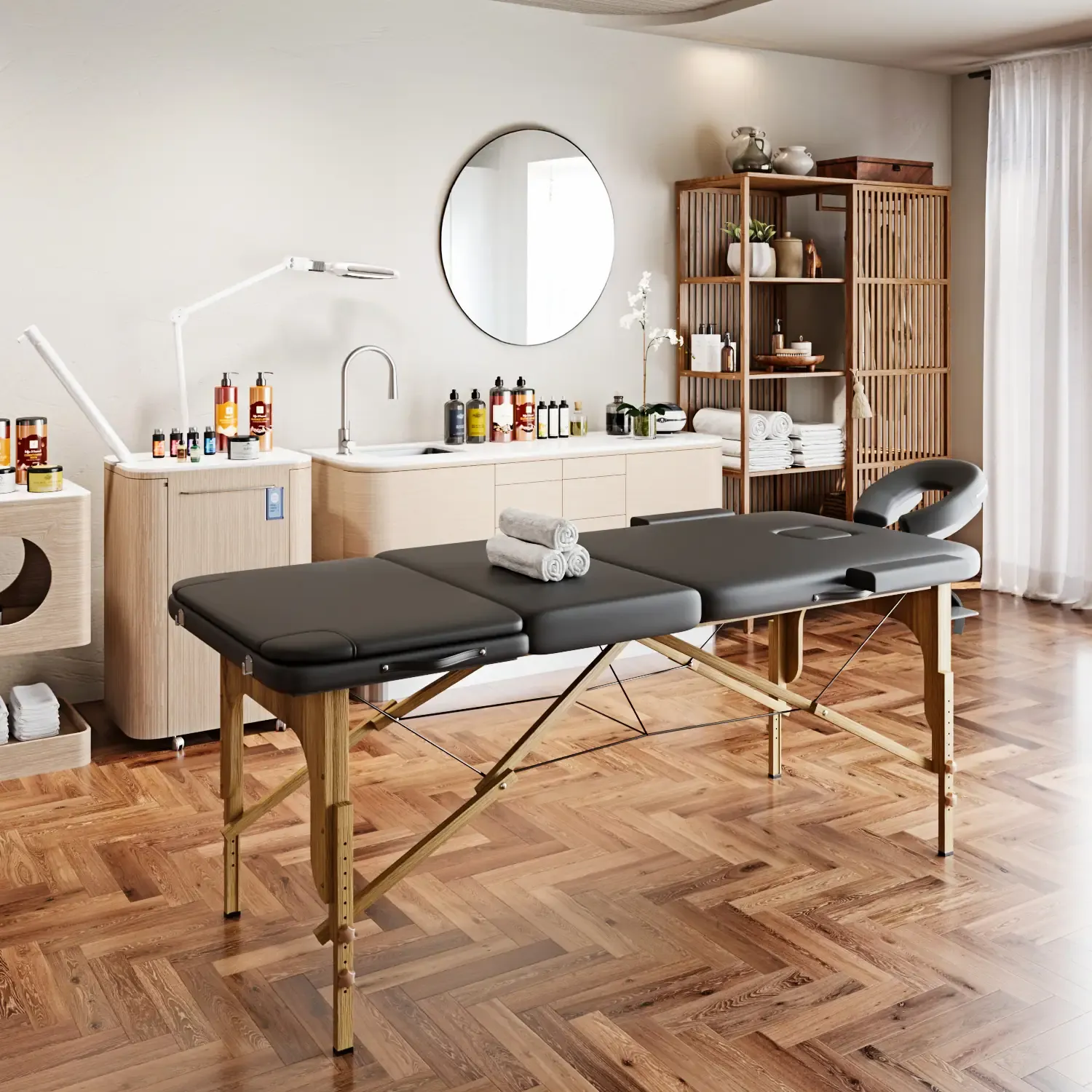 Lettino Massaggio 3 Zone Pieghevole In Legno Pannello Reiki Angoli Arrotondati Rinforzati Richiudibile Per Fisioterapia Altezza Regolabile Poggiatesta Braccioli Borsa Trasporto 180 x 56 Cm (Black)