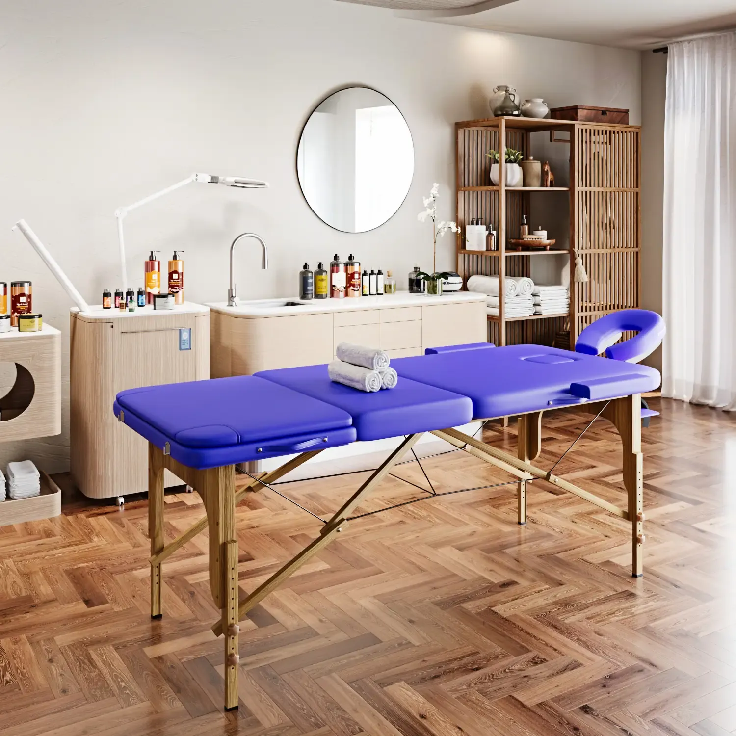 Lettino Massaggio 3 Zone Pieghevole In Legno Pannello Reiki Angoli Arrotondati Rinforzati Richiudibile Per Fisioterapia Altezza Regolabile Poggiatesta Braccioli Borsa Trasporto 180 x 56 Cm (Blue)