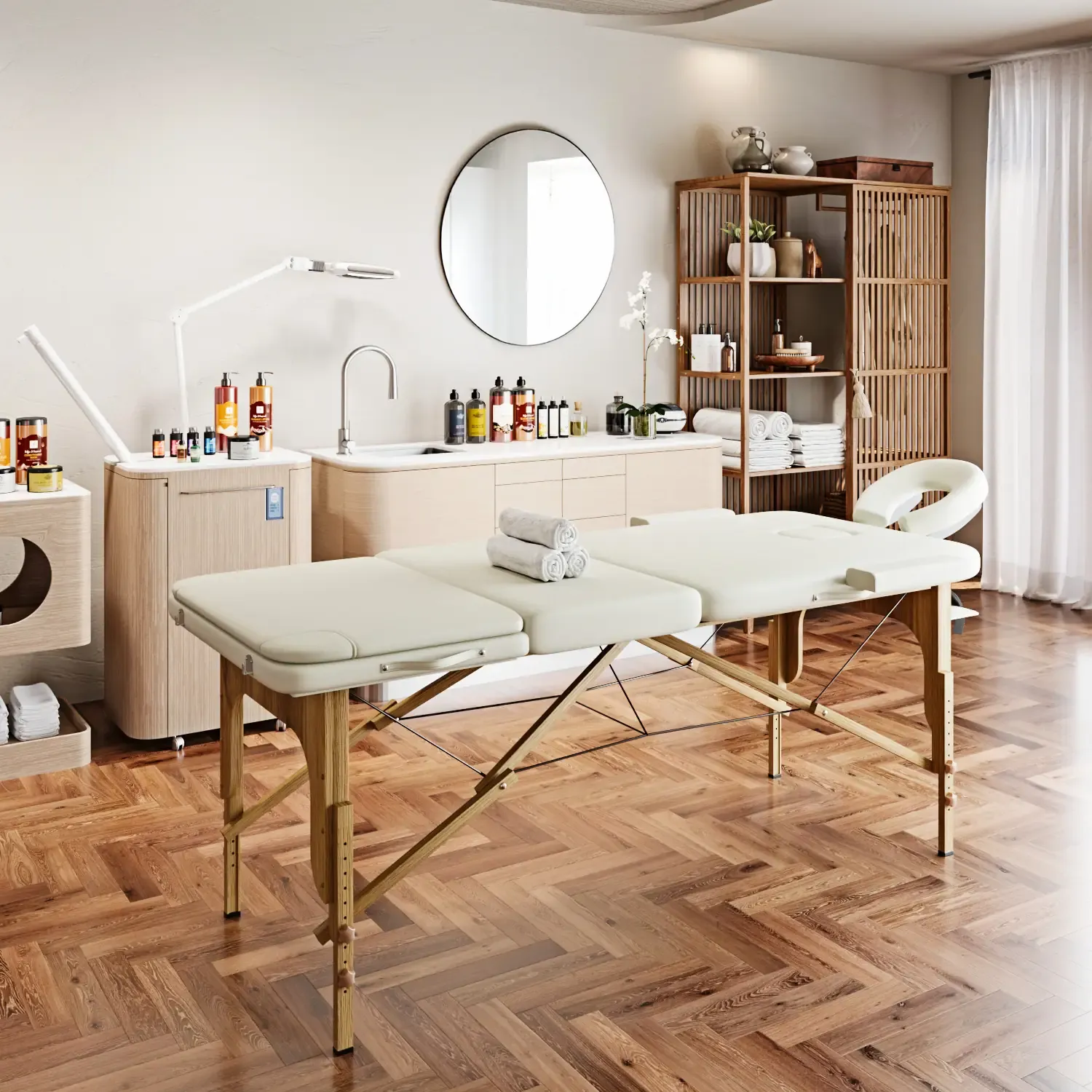 Lettino Massaggio 3 Zone Pieghevole In Legno Pannello Reiki Angoli Arrotondati Rinforzati Richiudibile Per Fisioterapia Altezza Regolabile Poggiatesta Braccioli Borsa Trasporto 180 x 56 Cm (Panna)