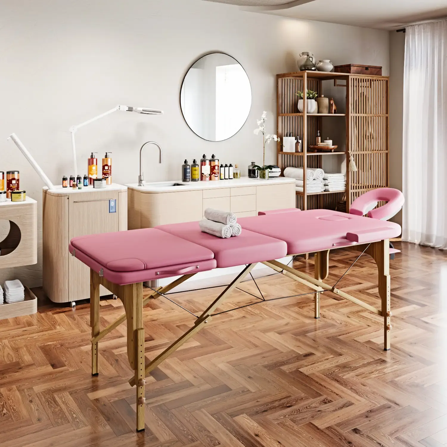 Lettino Massaggio 3 Zone Pieghevole In Legno Pannello Reiki Angoli Arrotondati Rinforzati Richiudibile Per Fisioterapia Altezza Regolabile Poggiatesta Braccioli Borsa Trasporto 180 x 56 Cm (Pink)