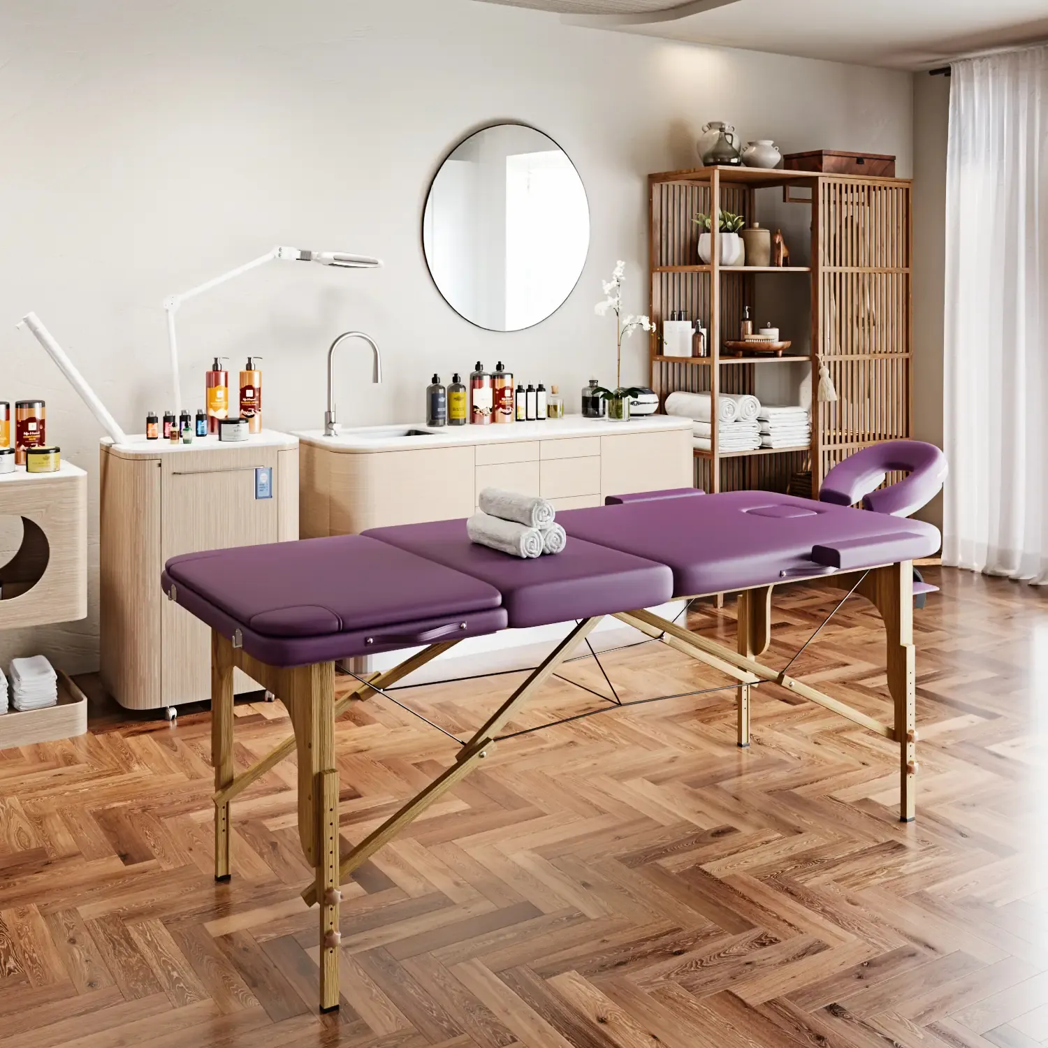 Lettino Massaggio 3 Zone Pieghevole In Legno Pannello Reiki Angoli Arrotondati Rinforzati Richiudibile Per Fisioterapia Altezza Regolabile Poggiatesta Braccioli Borsa Trasporto 180 x 56 Cm (Purple)