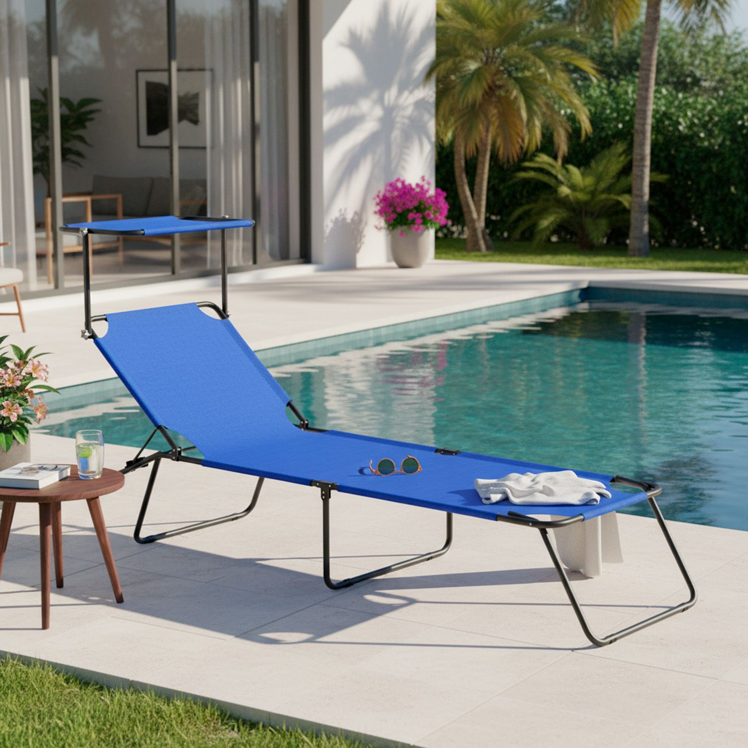 Lettino Pieghevole Con Tettuccio Regolabile Prendisole Parasole Schienale Reclinabile Regolabile Struttura In Metallo Nero Sedia Sdraio Per Spiaggia Mare Giardino Piscina