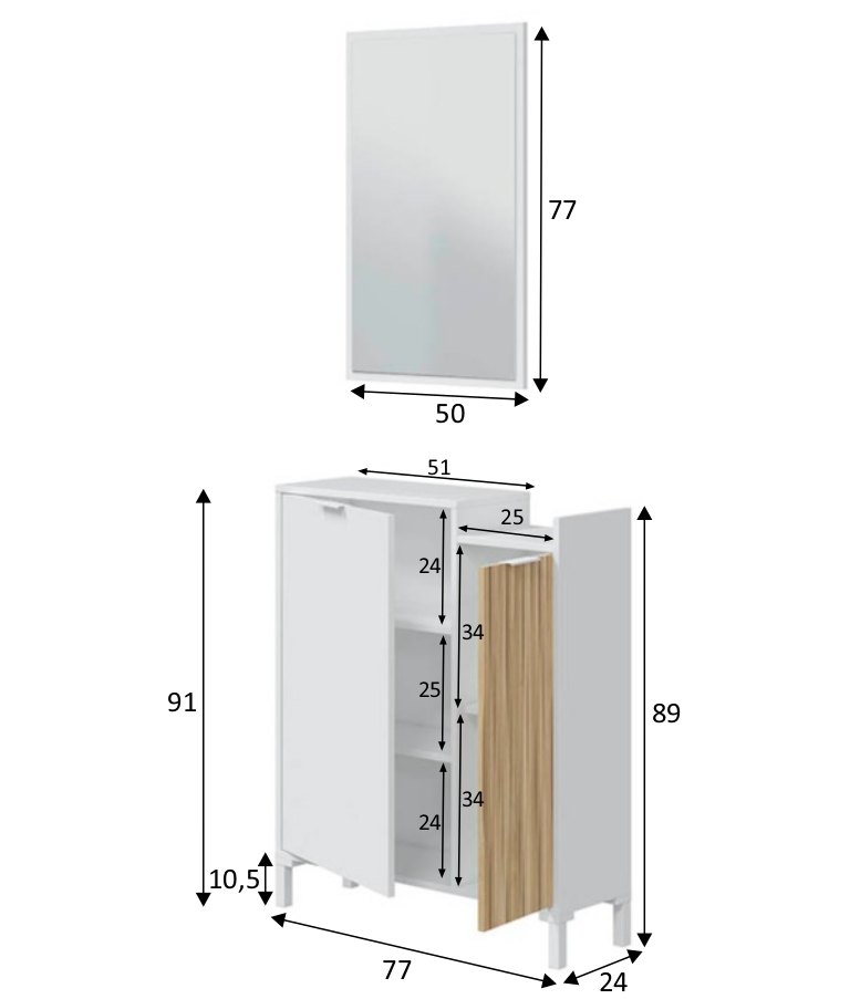 Mobile Da Ingresso Corridoio Con Specchio Set Casa Salvaspazio Entratina Con Ripiani Per Scarpe Chiavi Accessori In Legno Design Moderno Arredo Arredamento 91 x 77 x 24 Cm Bianco E Rovere
