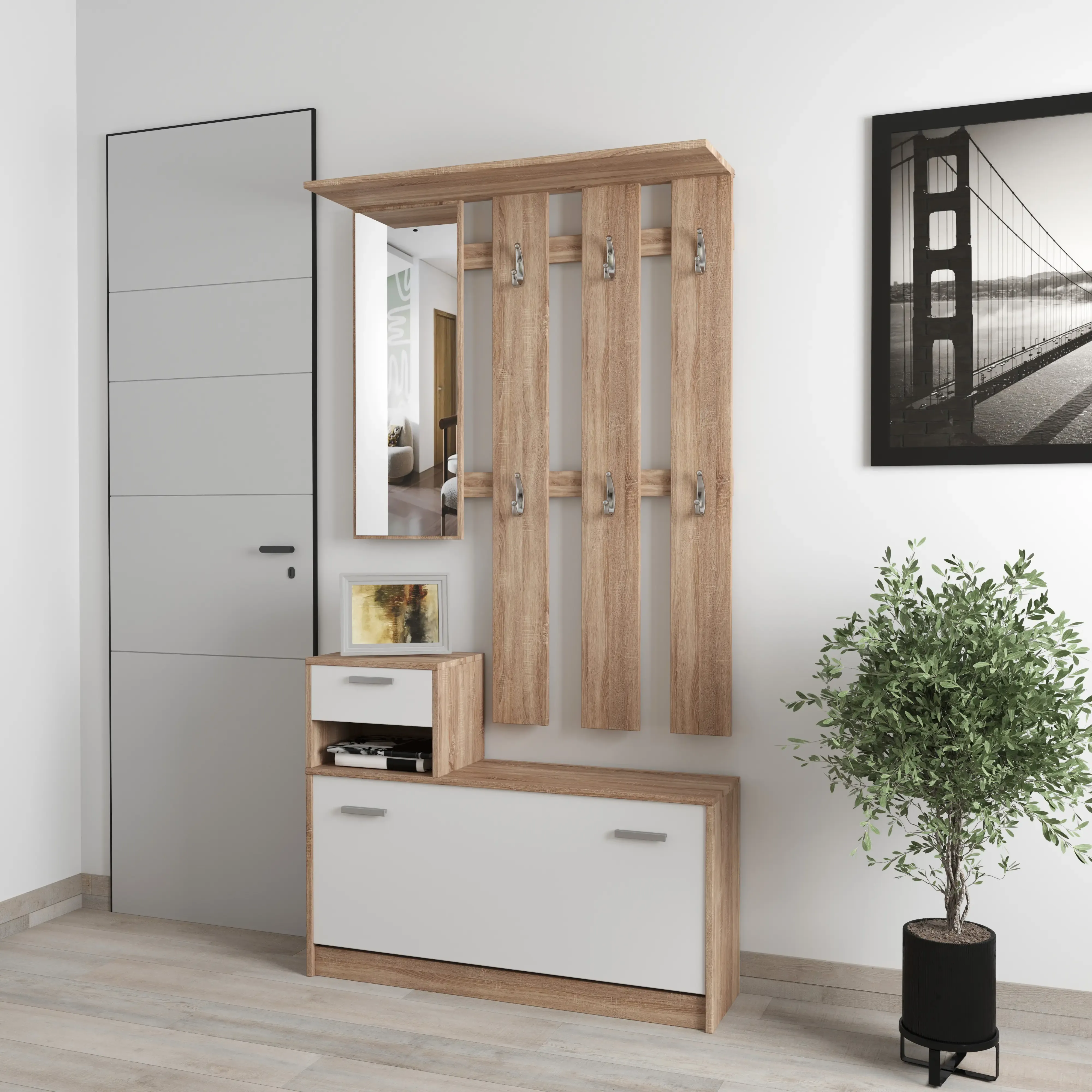 Mobile Nada Mobiletto da Ingresso con Scarpiera Appendiabiti e Specchio Arredo Arredamento Corridoio Entratina 97 x 35 x 25 cm (Bianco e Quercia)