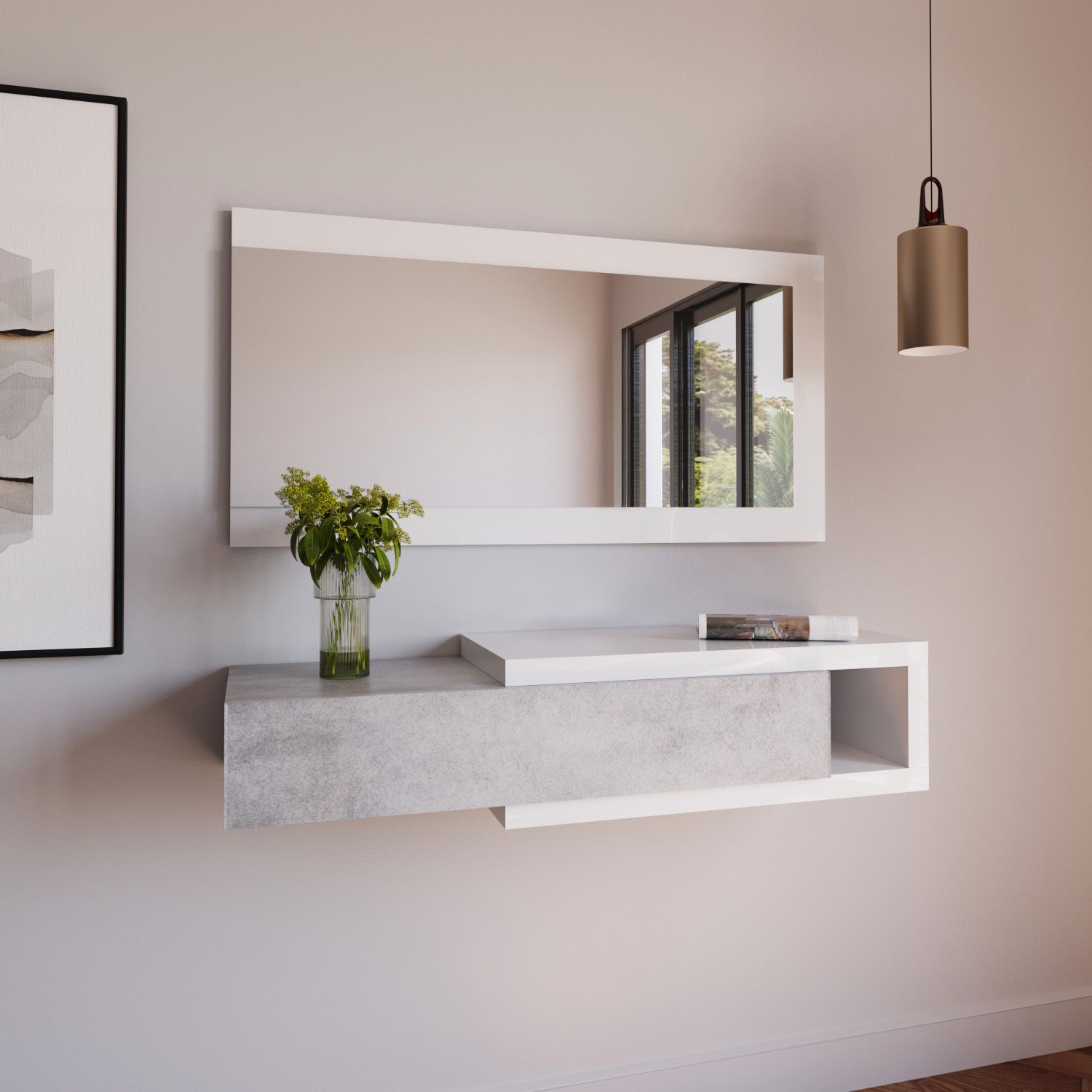 Mobile Palma Mobiletto da Ingresso Sospeso con Cassetto Mensola e Specchio Arredo Arredamento Sala - Grigio cemento