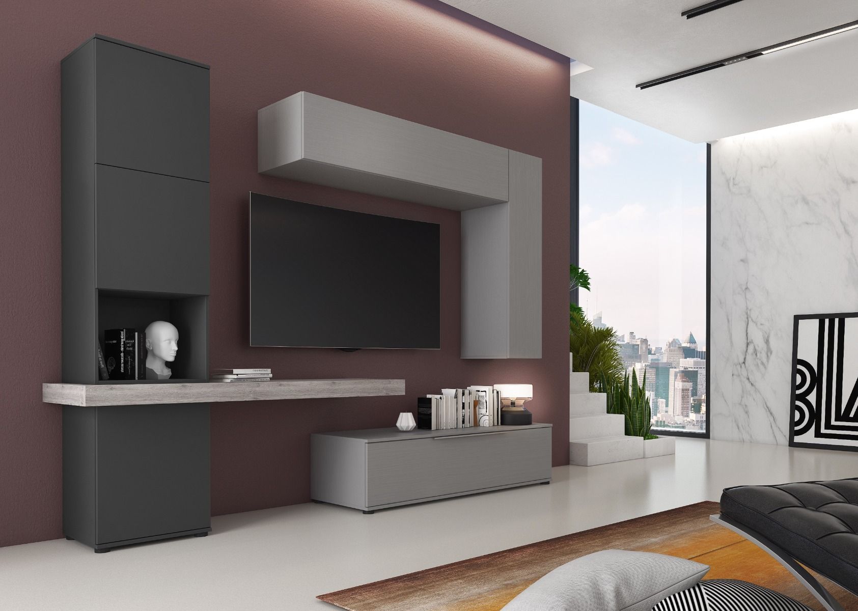 Parete Attrezzata Mobile Costanza Mobile Soggiorno TV con Mensola e Modulo Sospeso Salotto Legno Base Televisione Sala da Pranzo Design Moderno