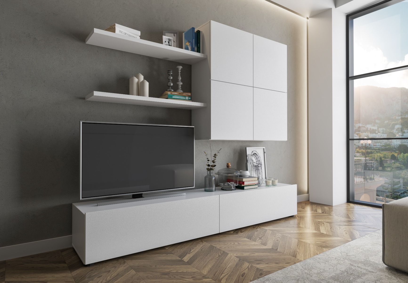 Parete Attrezzata Mobile Soggiorno Moderno Con Base TV Design Contemporaneo in Melaminico Facile da Pulire