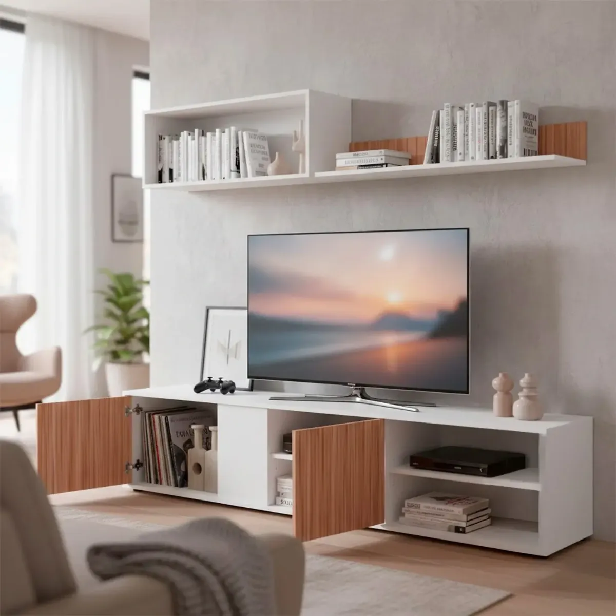 Parete Attrezzata Moderna con Ante Mensole Vani a Giorno Mobile TV Design Moderno Moduli Sospesi da Soggiorno Salotto Zona Living 40 x 180 x 33 Cm