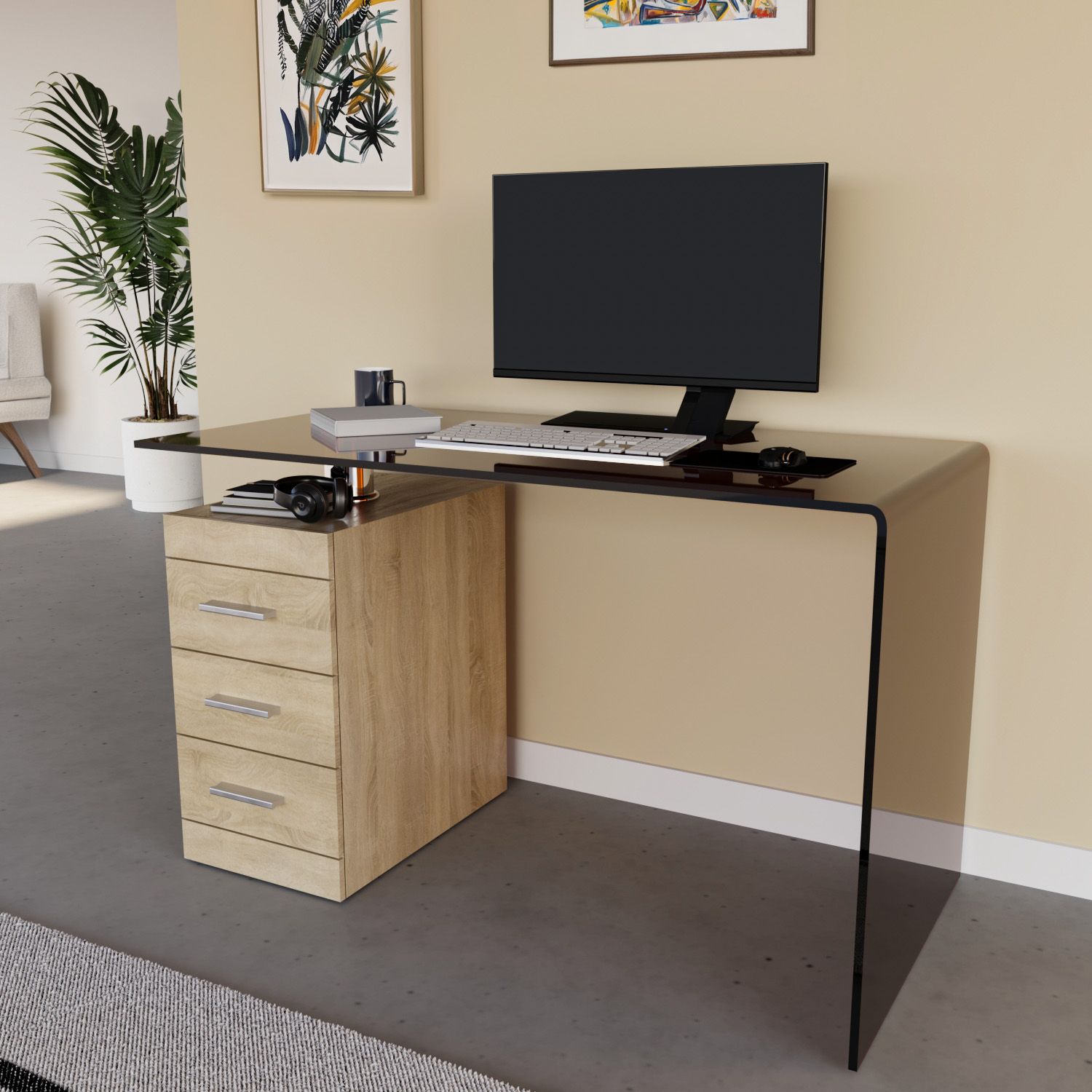 Scrivania Scrittoio da Ufficio Soggiorno in Vetro Curvato 3 Cassetti Cassettiera In Legno Studio Disegno Design Curvo Moderno Elegante Luxury