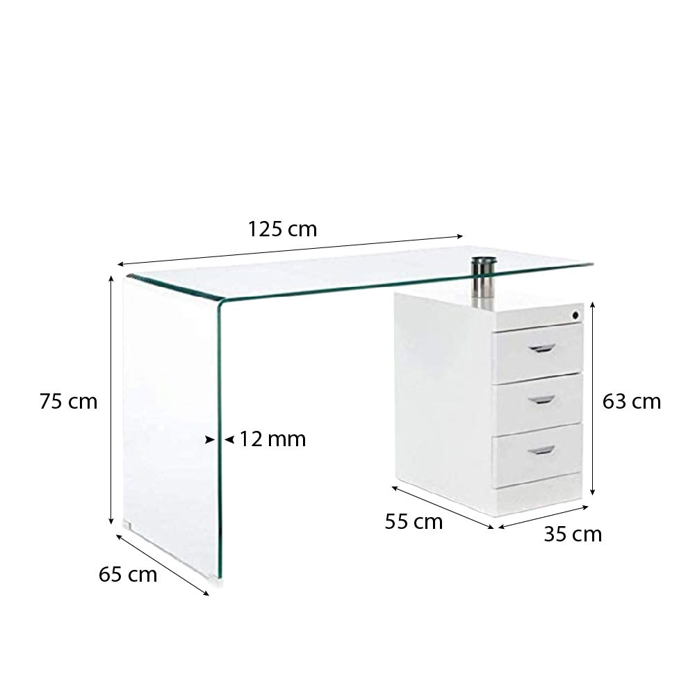 Scrivania Scrittoio da Ufficio Soggiorno in Vetro Curvato 3 Cassetti Cassettiera In Legno Studio Disegno Design Curvo Moderno Elegante Luxury