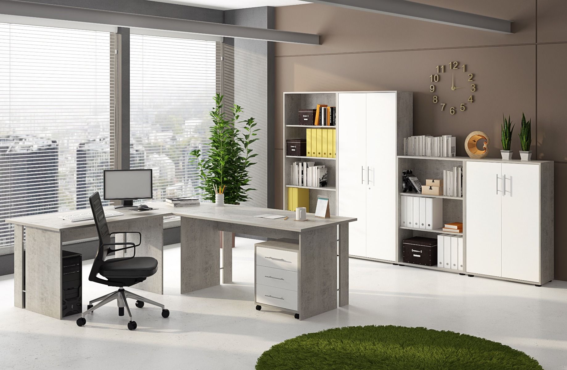 Set Ufficio Completo Con 2 Scrivanie 1 Modulo Ad Angolo 1 Cassettiera Con Ruote 2 Armadi (Alto e Basso) 2 Librerie (Alta E Bassa)