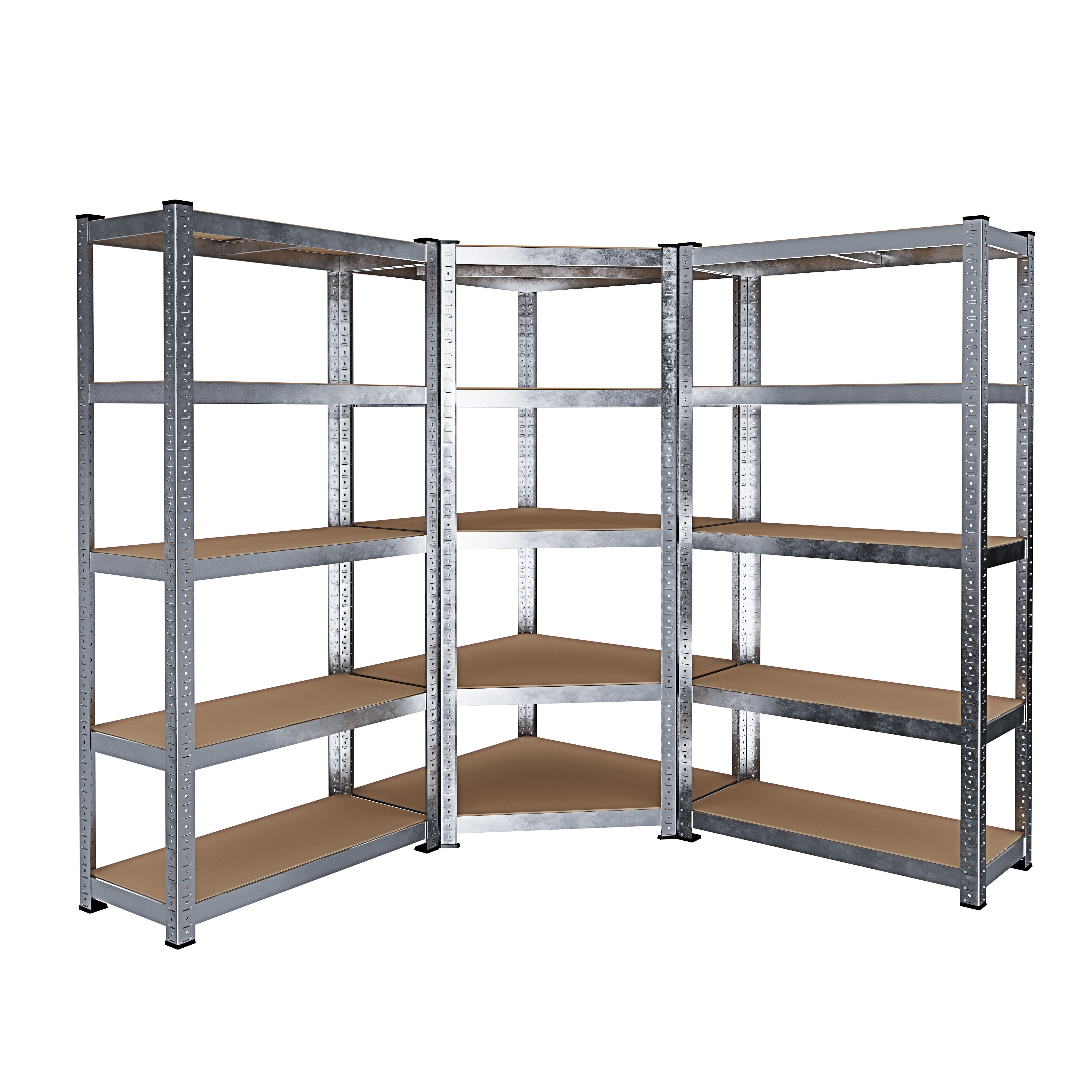 Sistema Di 3 Scaffali Metallo e MDF 1 Scaffale Angolare E 2 Scaffali Per Magazzino Alta Portata 15 Ripiani Totali Regolabili Scaffalatura