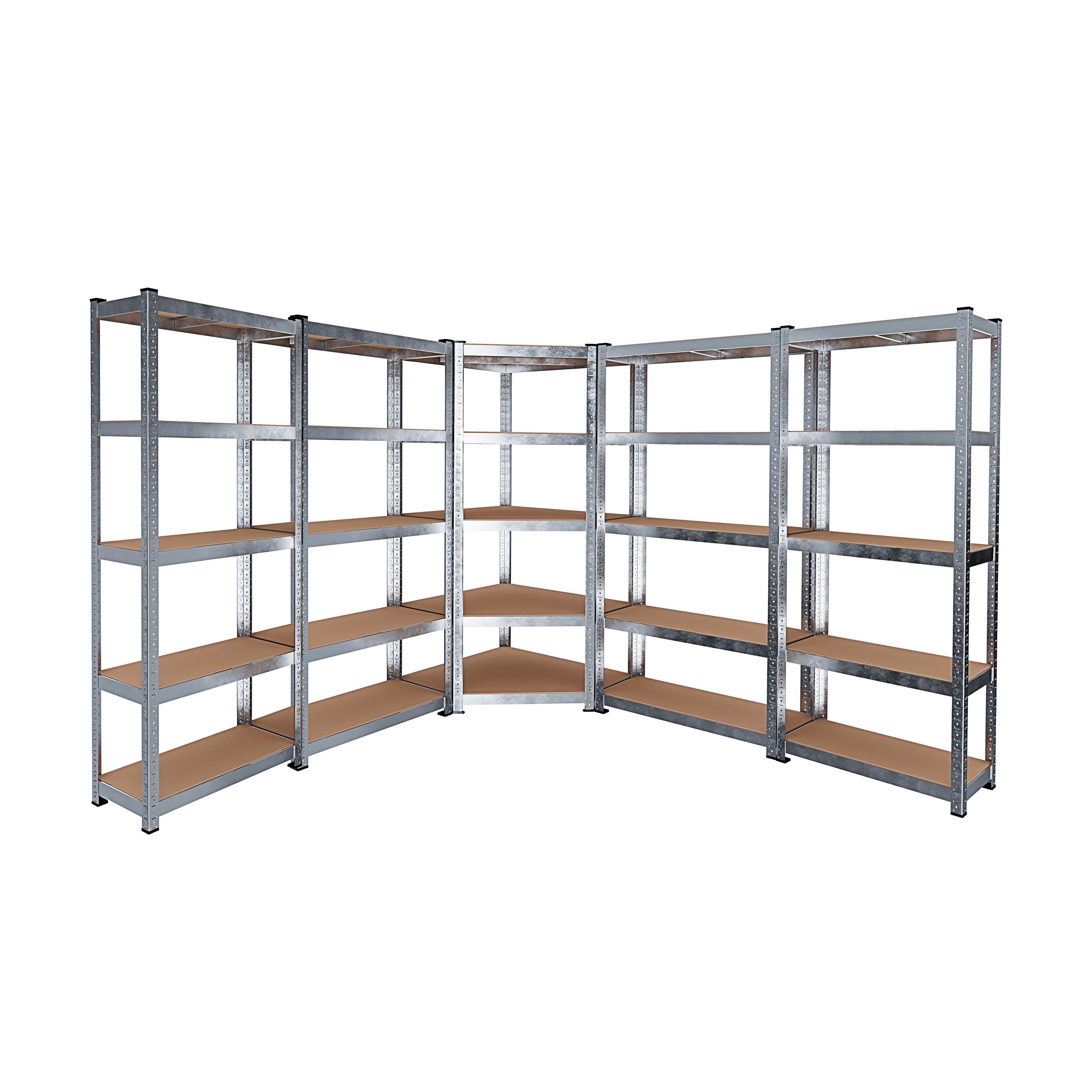 Sistema Di 5 Scaffali Metallo e MDF 1 Scaffale Angolare E 4 Scaffali Per Magazzino Alta Portata 25 Ripiani Totali Regolabili Scaffalatura