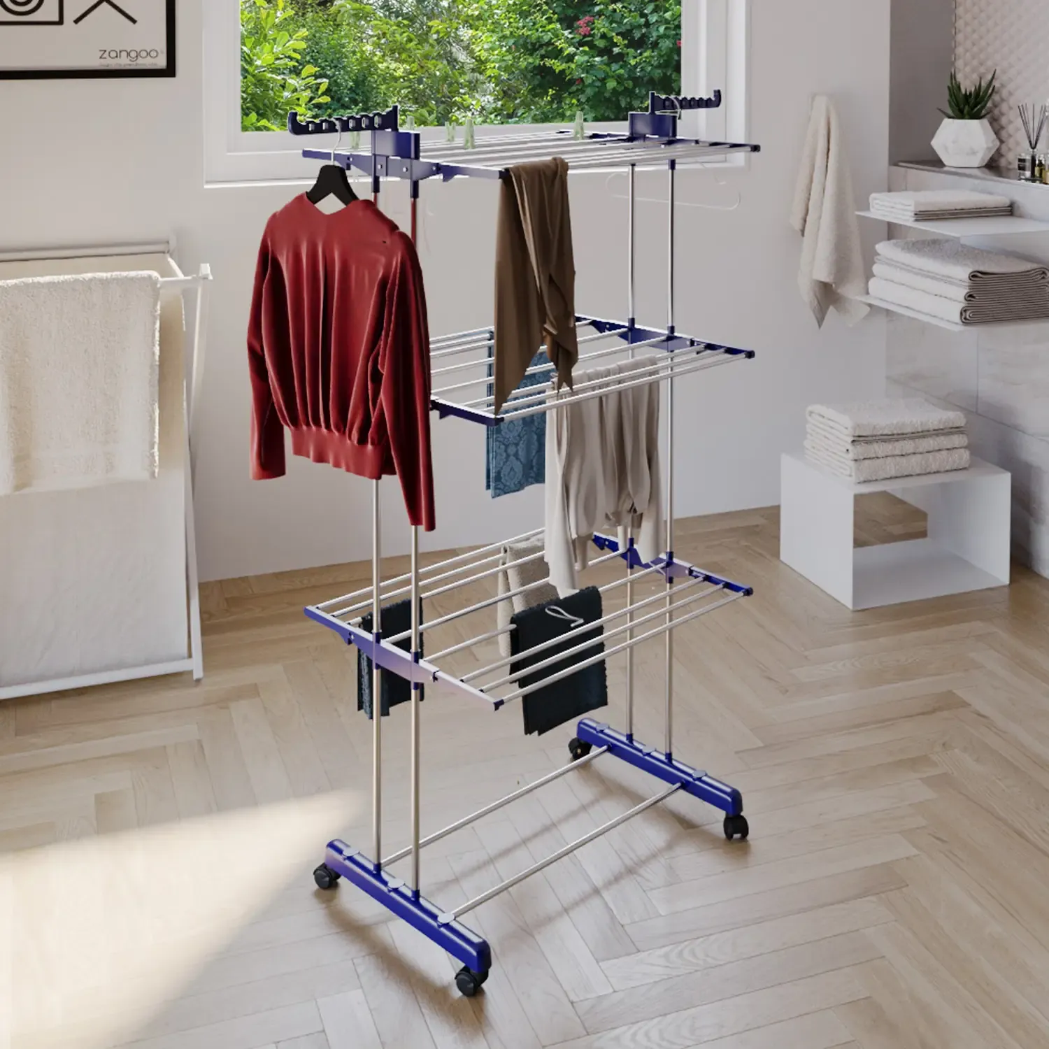Stendibiancheria A Rotelle Stendino A Torre Verticale In Acciaio E ABS 4 Piani Ripiani Pieghevole Modulabile Salvaspazio Con Ali Richiudibile Biancheria Interno Esterno 169 x 75.5 x 63.5 Cm (Blu)