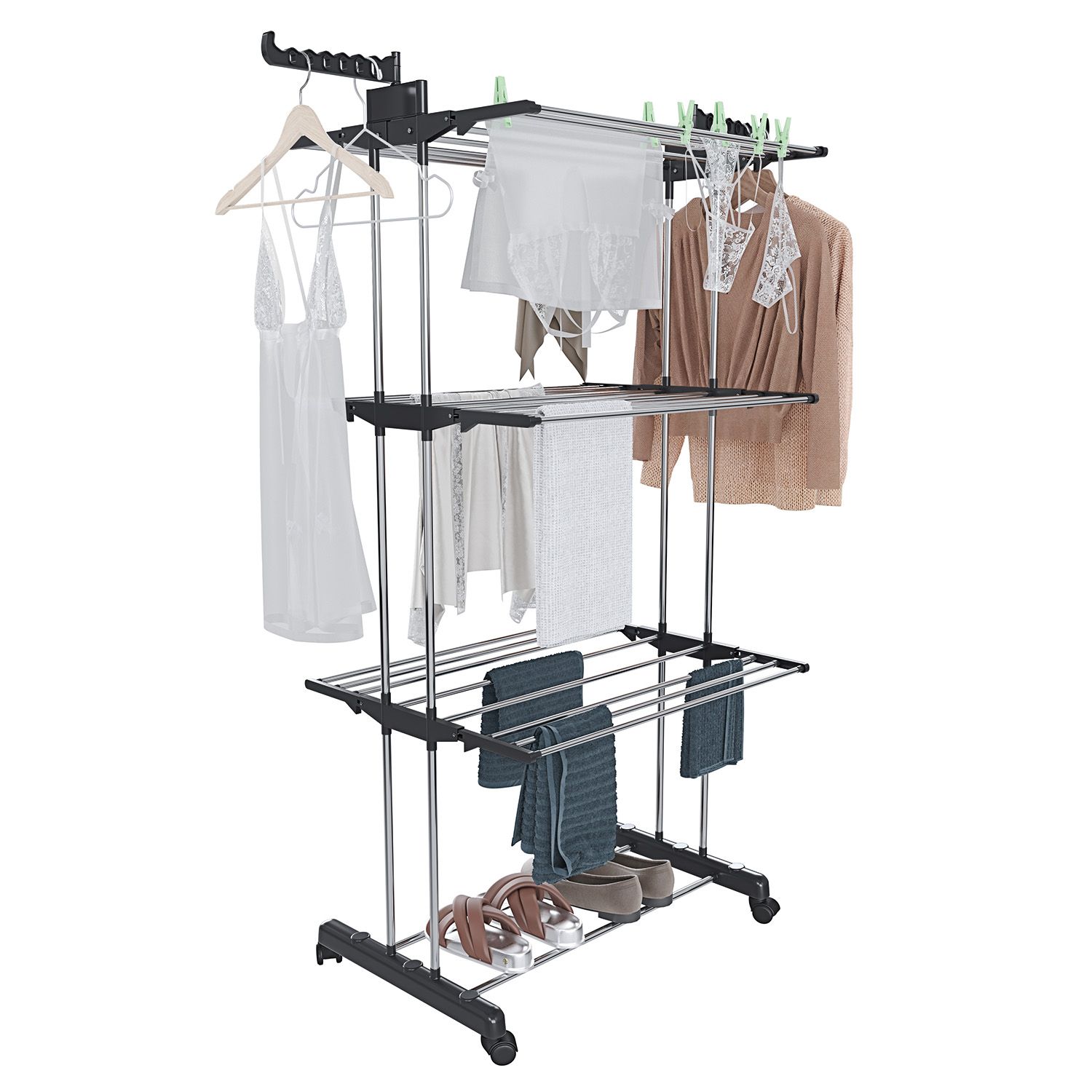 Stendibiancheria A Rotelle Stendino A Torre Verticale In Acciaio E ABS 4 Piani Ripiani Pieghevole Modulabile Salvaspazio Con Ali Richiudibile Biancheria Interno Esterno