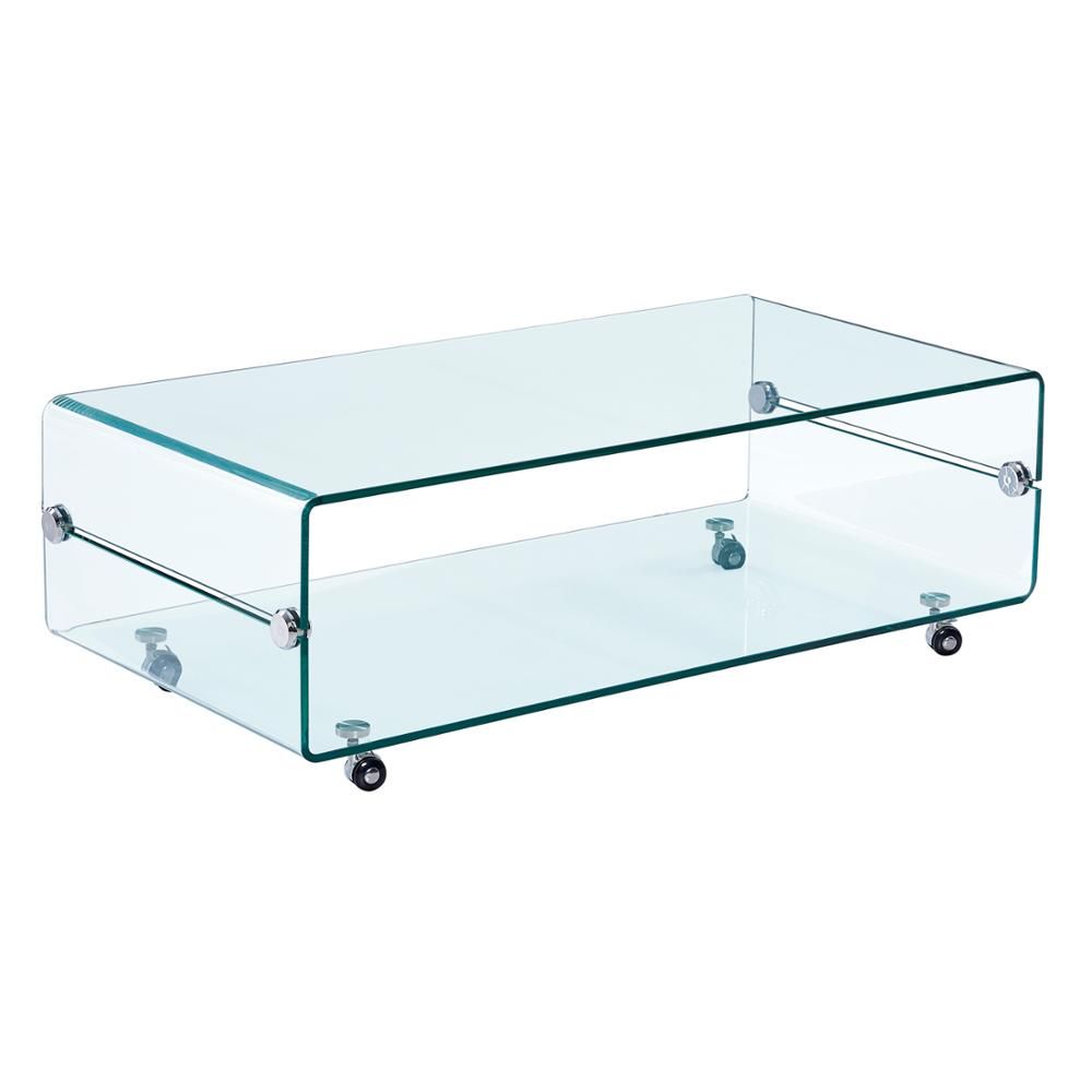 Tavolino Basso Rettangolare in Vetro Curvato con Ruote Rotelle E Ripiano Salotto Soggiorno Sala da Pranzo Tavolo da caffè Design Moderno Elegante