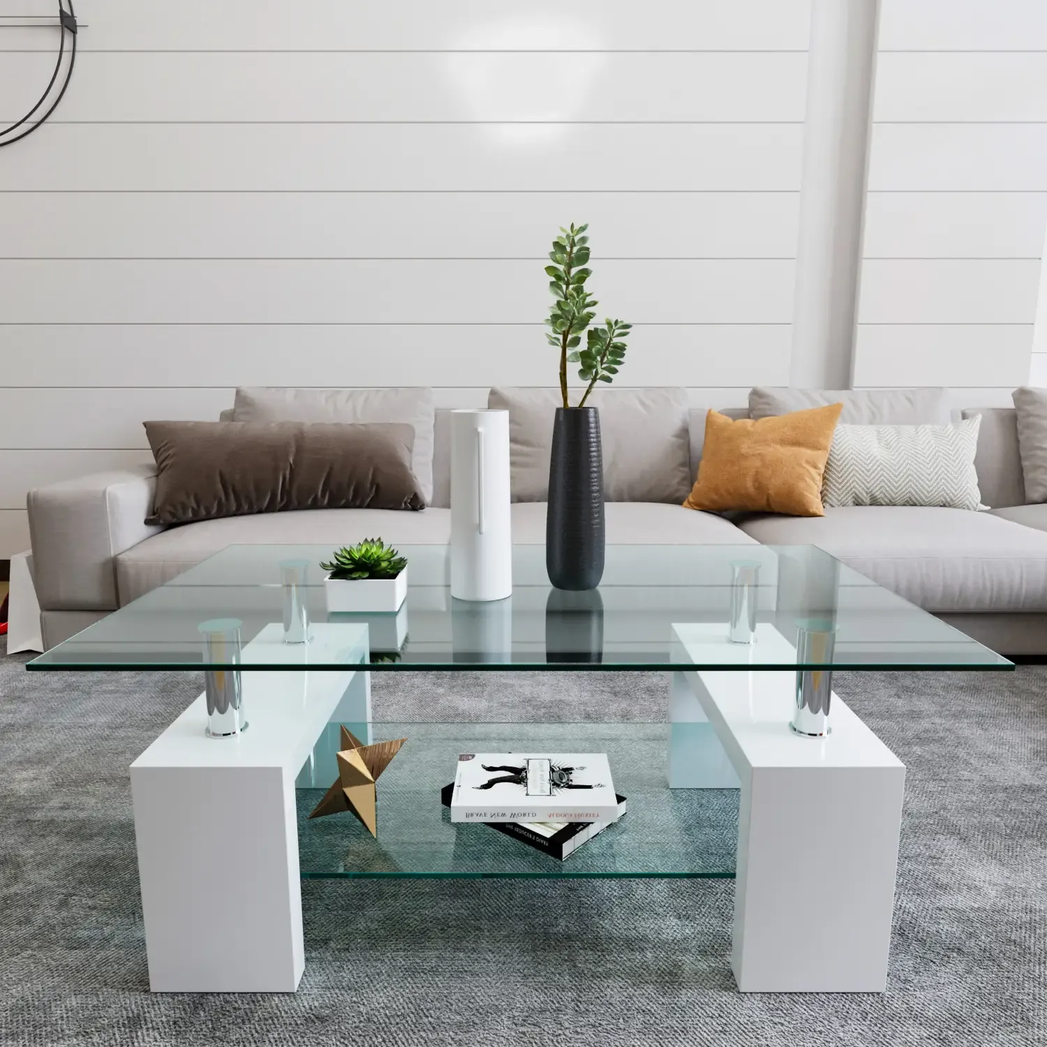 Tavolino Basso Rettangolare Salotto In Vetro E Legno MDF Per Soggiorno Salone Sala Da Pranzo Tavolo Da Caff&egrave; Con Ripiano Moderno Ed Elegante Bianco 100 x 60 x 45 cm