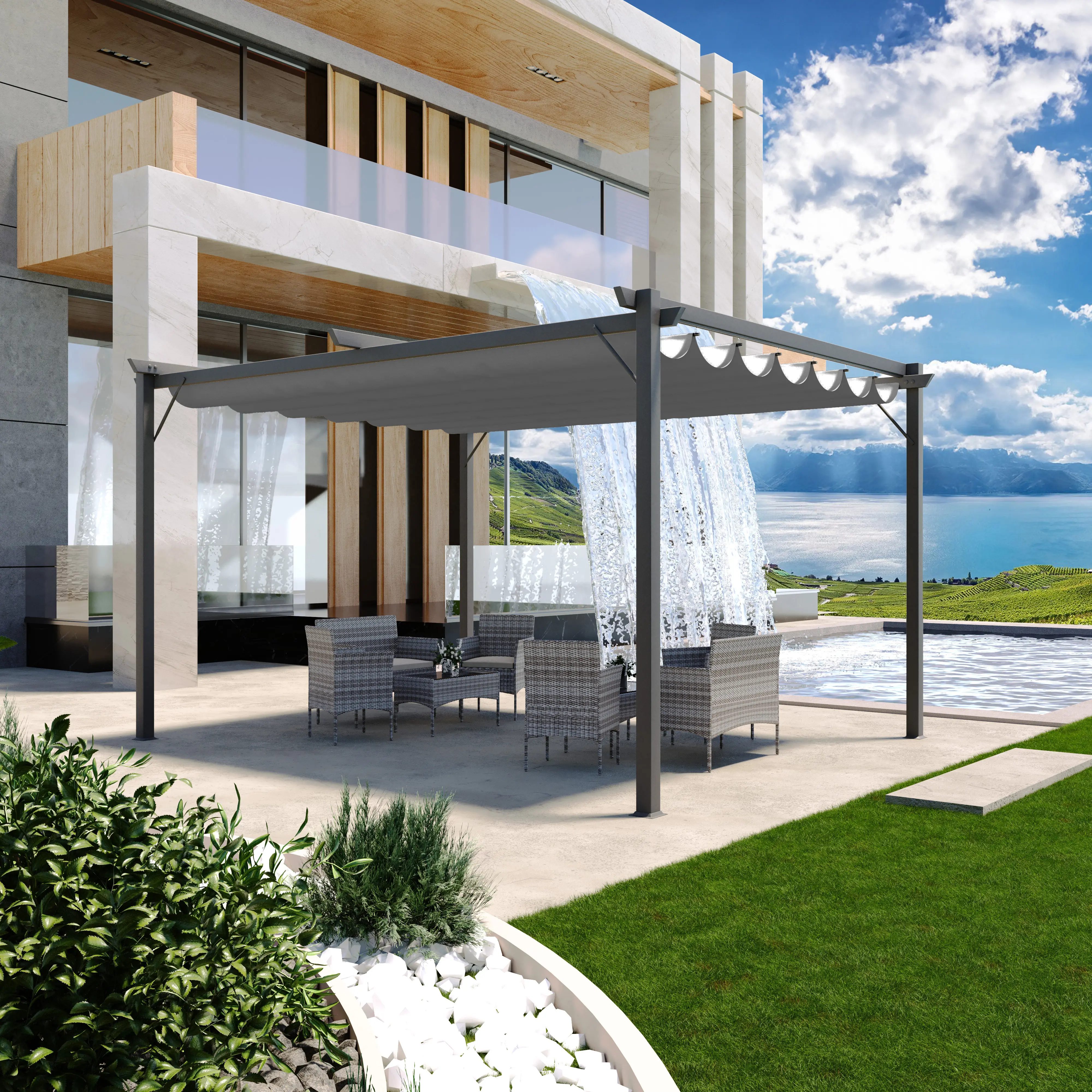Gazebo Pergola Pergolato Impermeabile Retrattile Richiudibile Struttura Nera Acciaio Giardino Terrazzo Piscina Esterno Fiere Campeggio Elegante Moderno