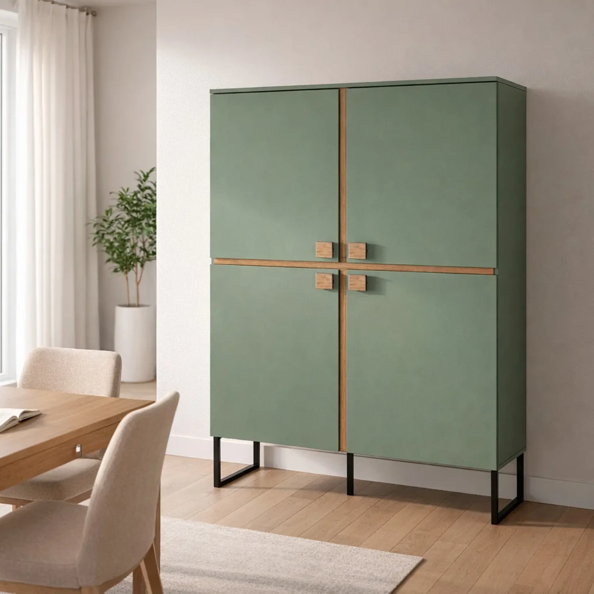 Madia Alta 4 Ante Mobile Soggiorno Moderno con 4 Ripiani interni e Piedini Neri Design Elegante per Sala da Pranzo Salotto Zona Living