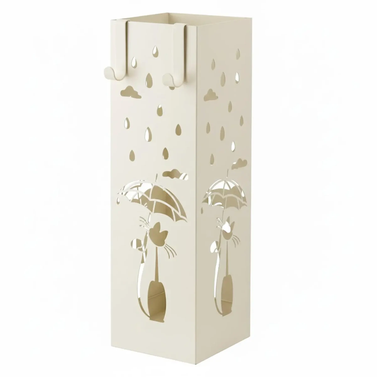 Portaombrelli in Metallo con Decorazione Gatto Vaschetta Scolapioggia Removibile e 2 Ganci Laterali Base Antiscivolo Stand Quadrato Design per Ingresso Casa e Ufficio 49 x 15.5 x 15.5 Cm