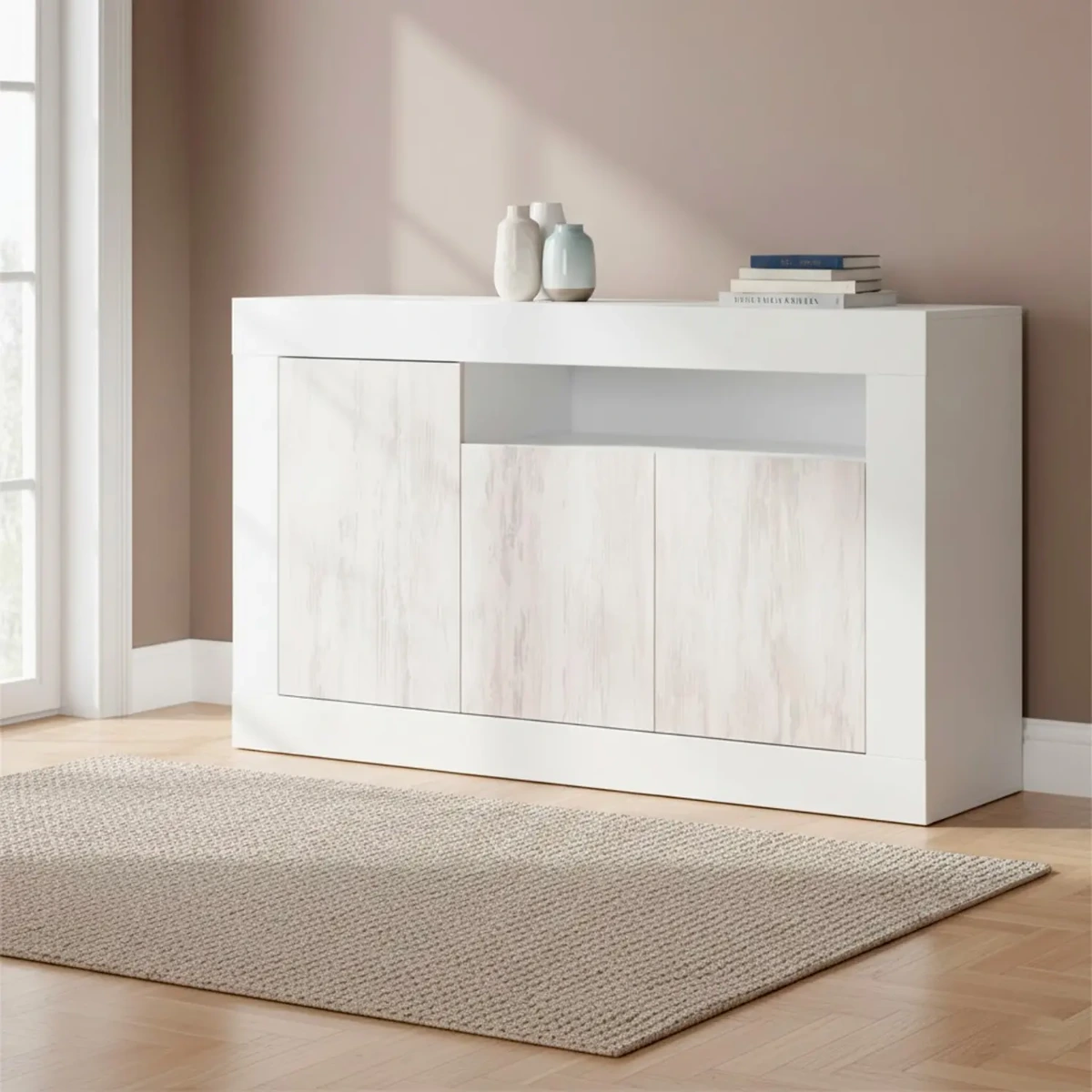 Credenza Moderna Madia a Terra con 3 Ante Vano a Giorno e Ripiani interni Mobile Contenitore in Melaminico Antigraffio per Soggiorno Sala da Pranzo 144 x 42 x 87 Cm