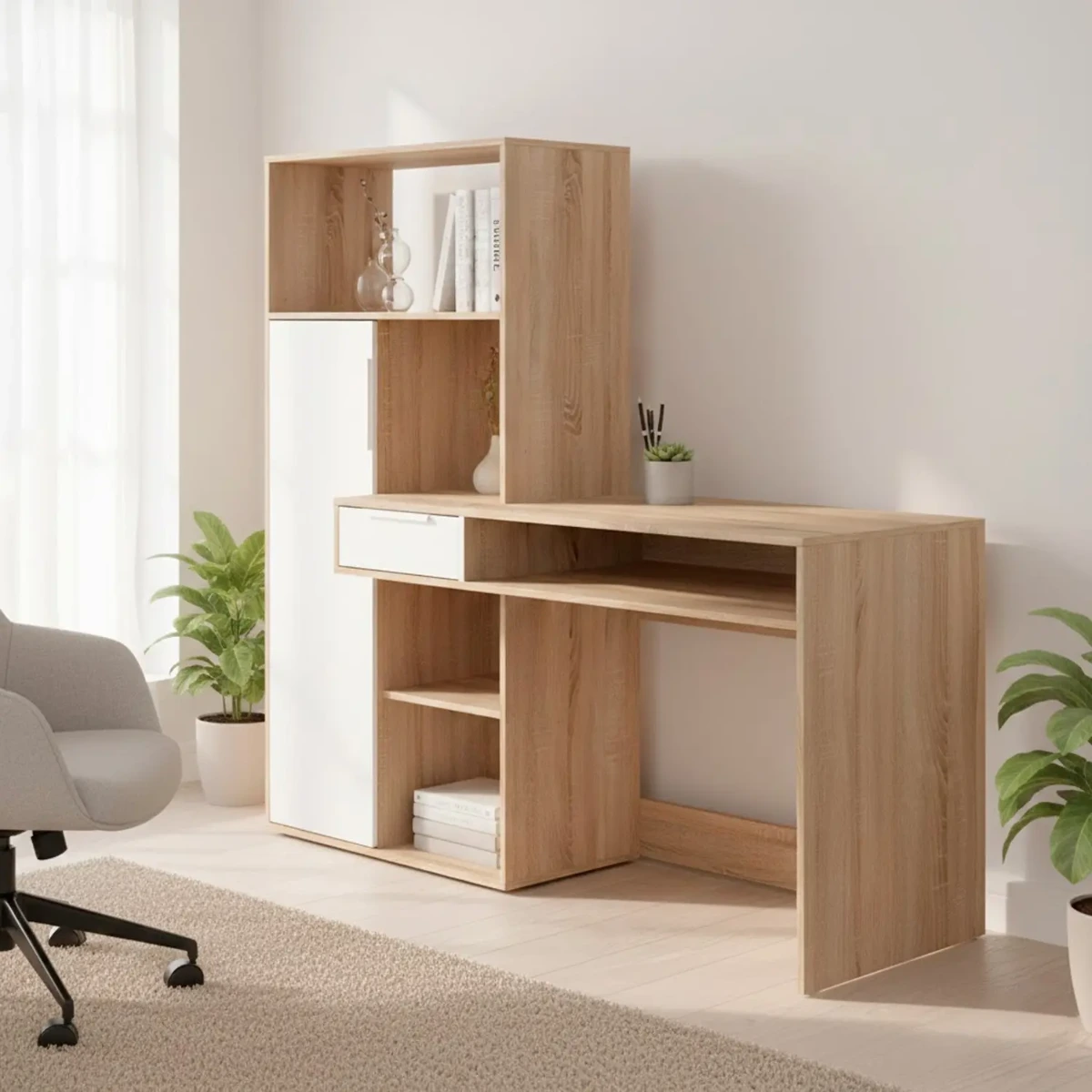 Scrivania con Libreria integrata Cassetto e Mobile con Ante Desk Multifunzionale per Home Office e Studio 162.8 x 60.35 x 155.4 Cm