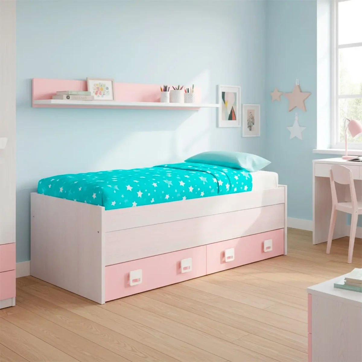 Letto con Letto Estraibile 2 Cassetti e Mensola Letto Salvaspazio Contenitore Cameretta Bambini Ragazzi Camera Design Moderno Delft 65 x 199 x 96 Cm