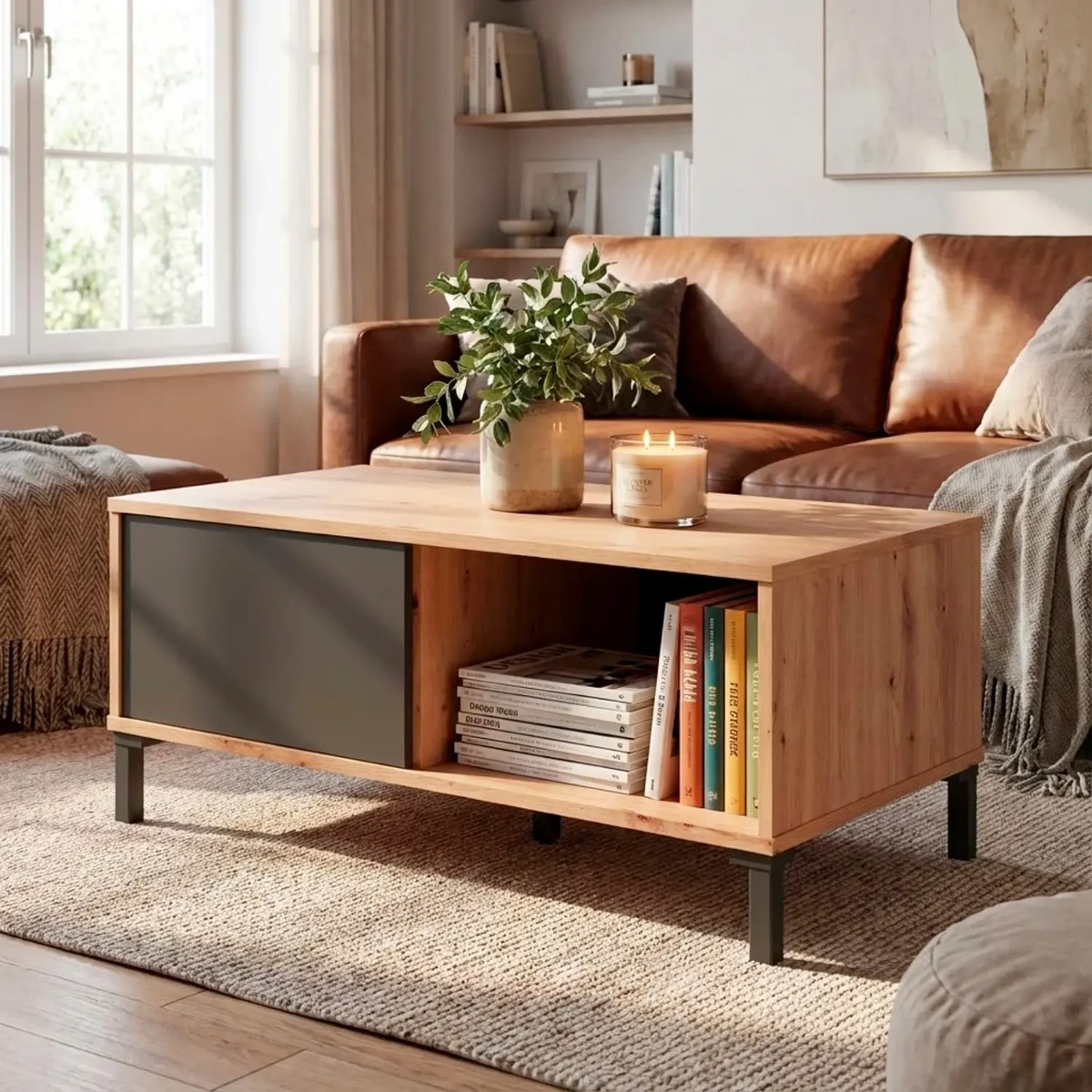 Tavolino da Caffè con Vano Aperto e Chiuso Tavolo Basso Design Soggiorno Salotto Arredo Casa Stile industriale Moderno Beira 40 x 100 x 50 cm