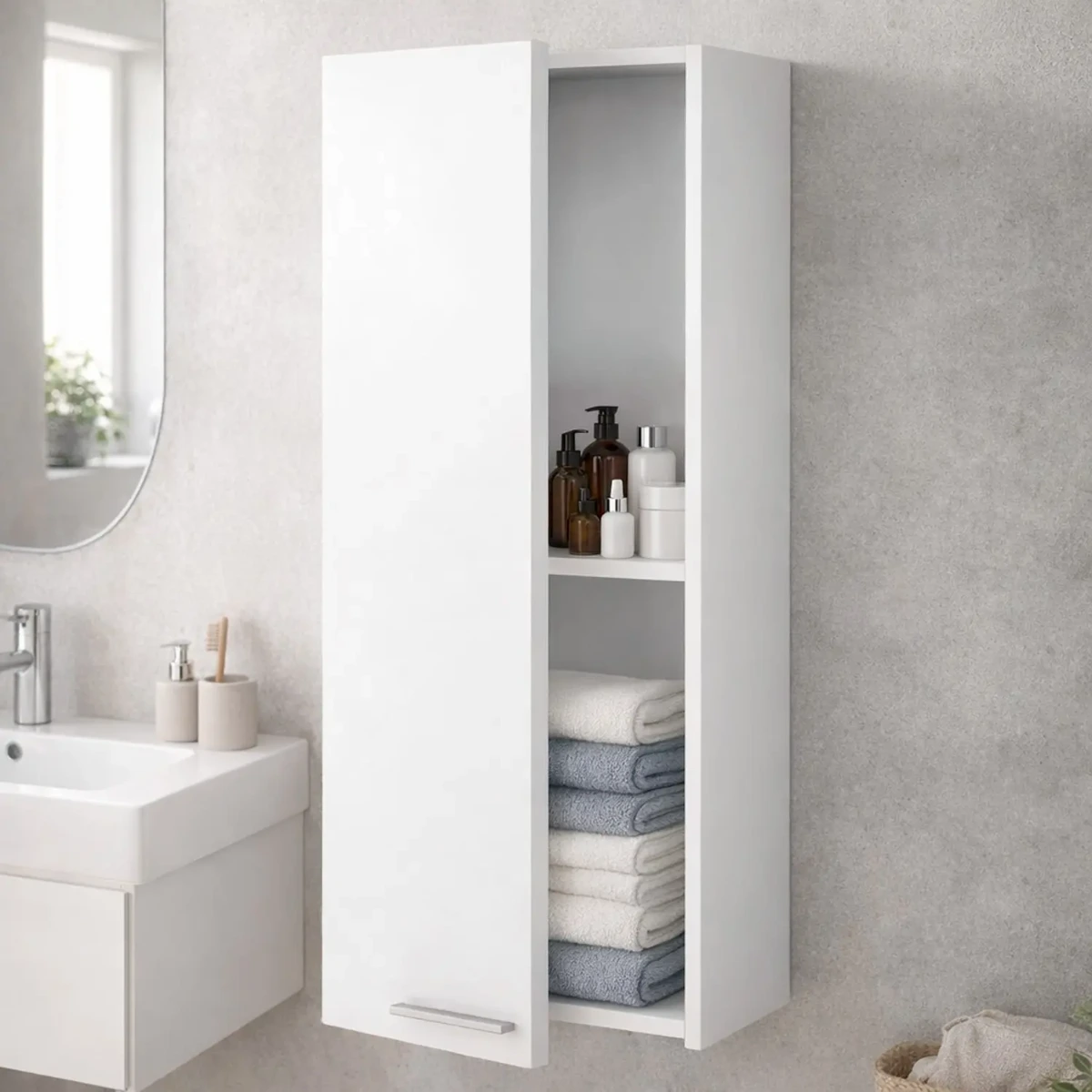 Pensile da Bagno Sospeso con 1 Anta e Ripiano Regolabile Mobile Armadietto Moderno Colonna Scaffale Salvaspazio da Parete in Melamina Design Moderno 