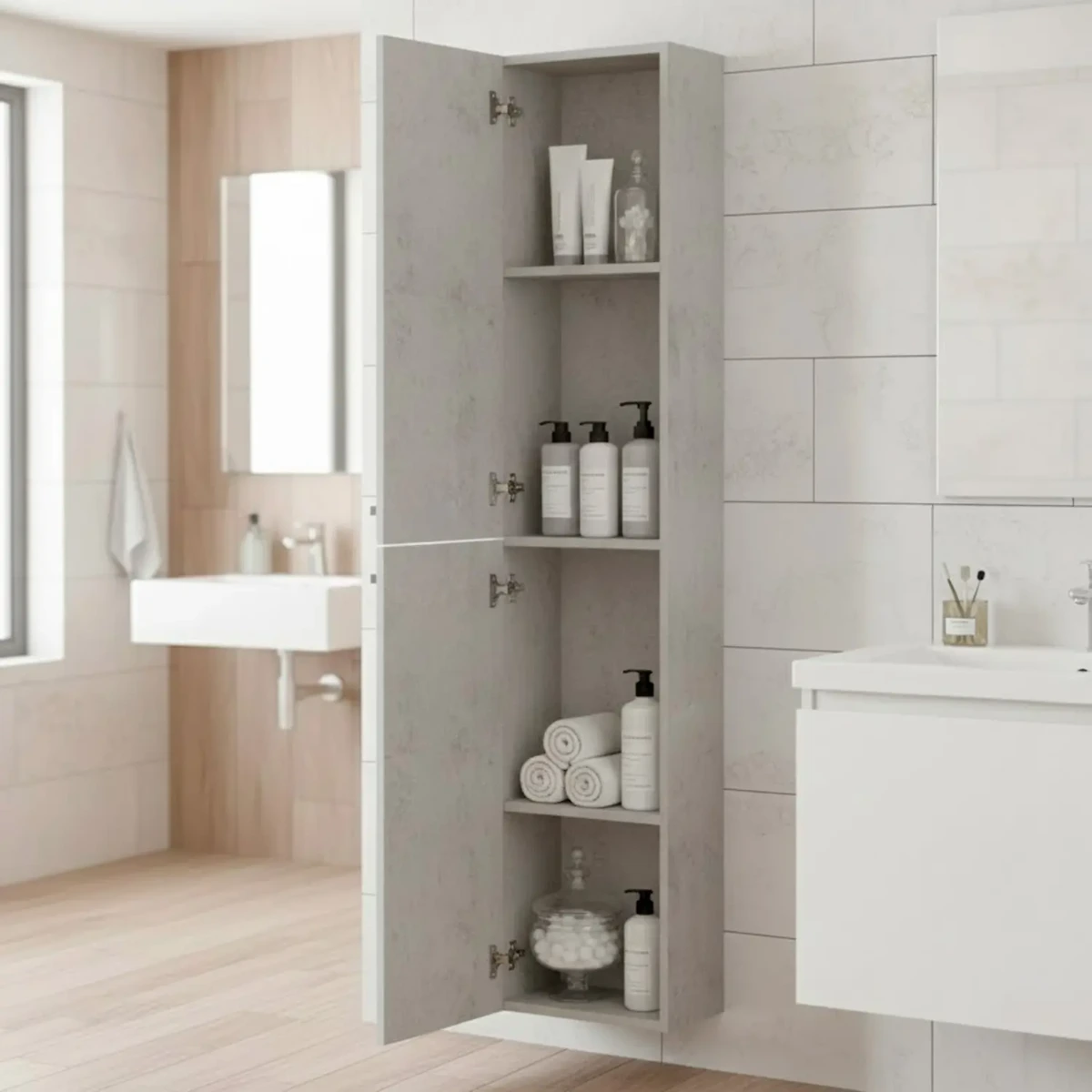 Mobile Alto da Bagno Sospeso con 2 Ante e 3 Mensole interne Colonna Moderna Sospesa Salvaspazio in Melaminico con Chiusura Assistita Design industriale Lavanderia Ingresso