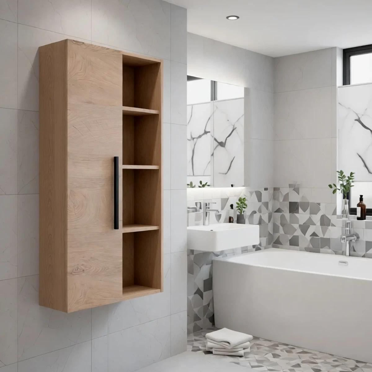 Colonna Sospesa Multiuso con 1 Anta e 5 Vani a Giorno Mobile Armadietto Bagno Pensile Salvaspazio in Melaminico Chiusura Assistita e Ripiani interni Design Moderno