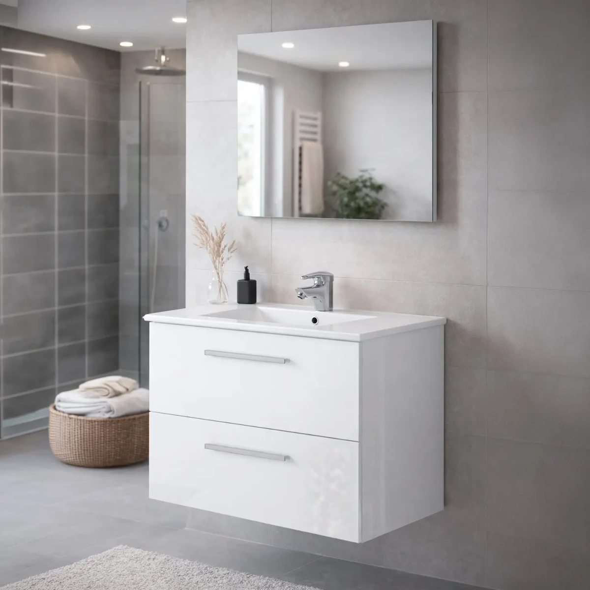 Mobile Mobiletto Bagno Sospeso con 2 Cassettoni Soft Close e Lavabo in Ceramica Monoforo con Troppopieno e Specchio Design Moderno Minimal