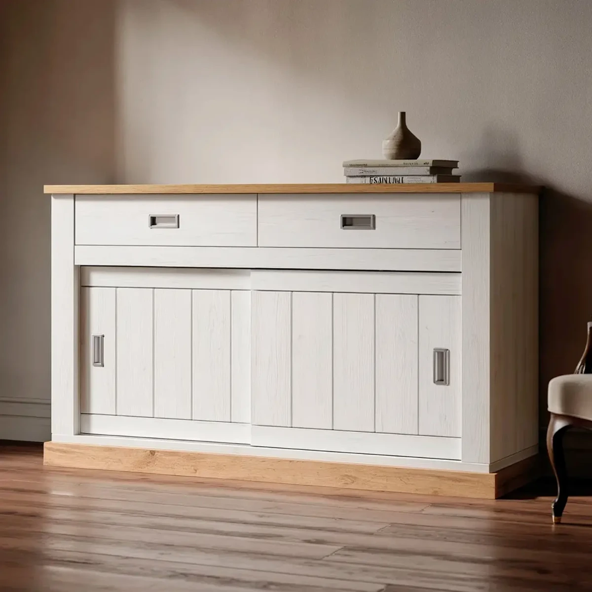 Madia Credenza Mobile Soggiorno con 2 Cassetti e 2 Ante Scorrevoli 4 Ripiani interni Design Minimal Shabby Chic Sala da Pranzo Zona Living