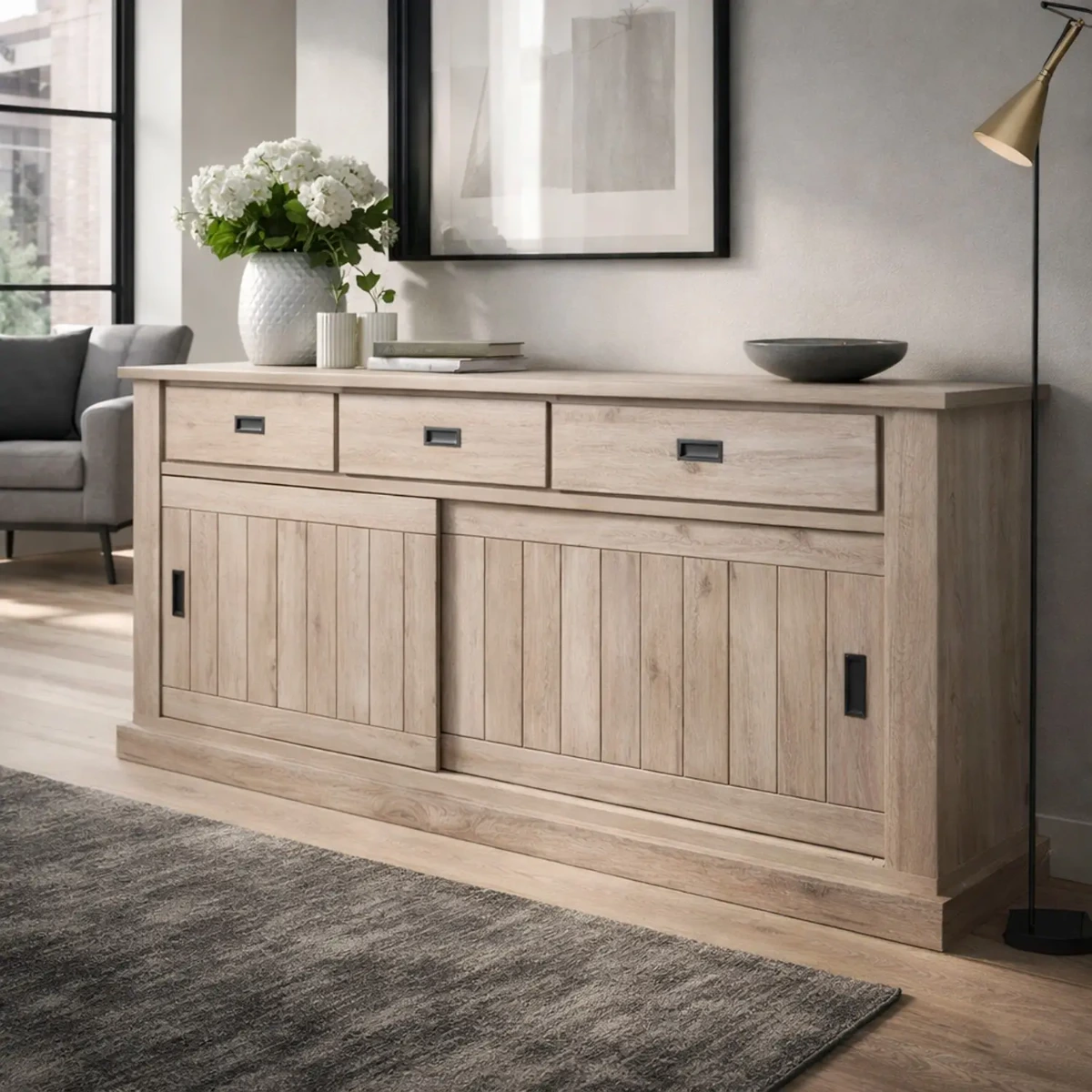 Credenza Soggiorno 3 Cassetti 2 Ante Scorrevoli 4 Ripiani interni Mobile Buffet Madia Dispensa Cucina Zona Living Design Classico Moderno