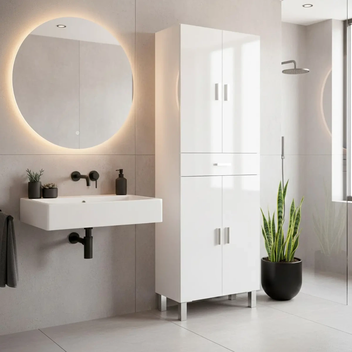 Colonna Bagno con 4 Ante 4 Ripiani e Cassetto Mobile Alto Moderno Salvaspazio con Mensole Regolabili Design Elegante Minimal per Bagno Lavanderia Ripostiglio