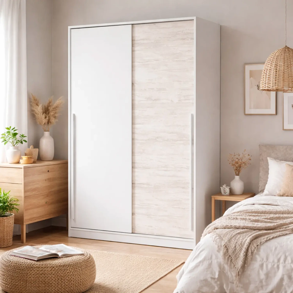 Armadio Guardaroba a Parete con Ante Scorrevoli Barra Appendiabiti e 4 Ripiani Mobile Salvaspazio Stile Scandinavo per Camera Cameretta
