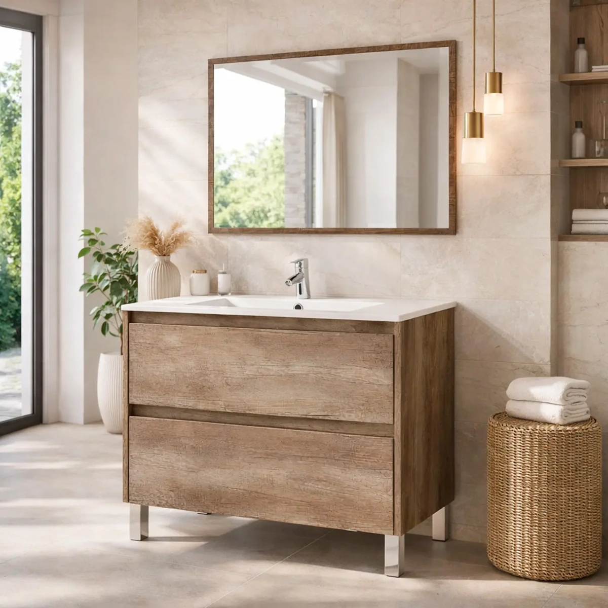 Mobile Bagno a Terra con Lavabo in Ceramica e Specchio Coordinato Mobiletto con Lavandino e 2 Cassettoni Ammortizzati Design Minimal