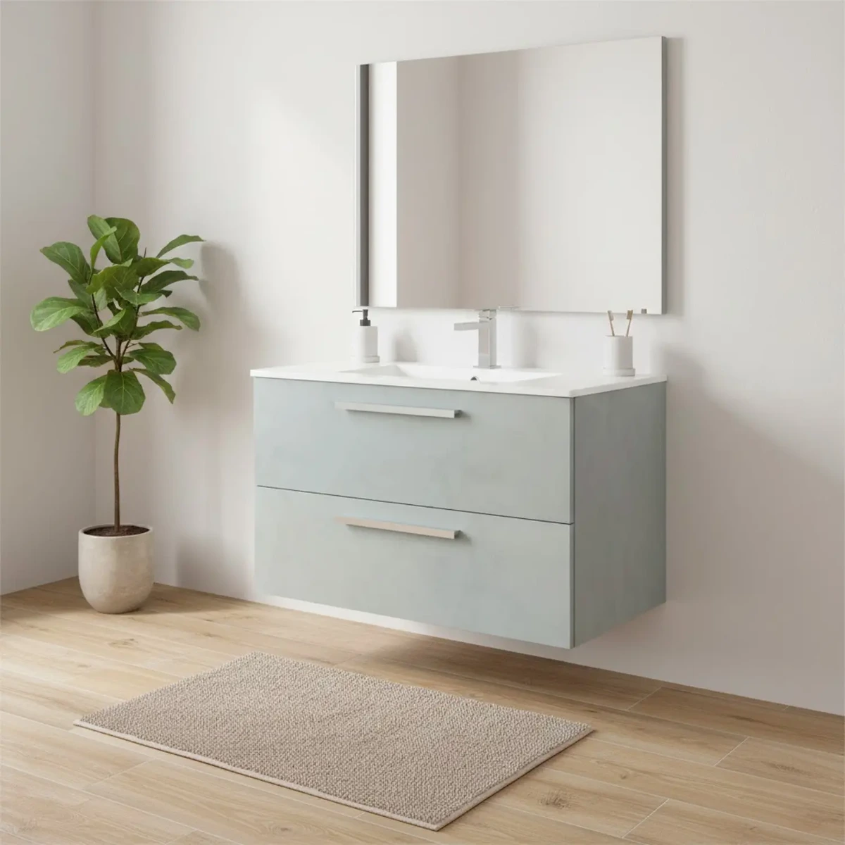 Mobile Mobiletto Bagno Sospeso con 2 Cassettoni Soft Close con Lavandino Lavabo in Ceramica e Specchio Design Moderno Nordico
