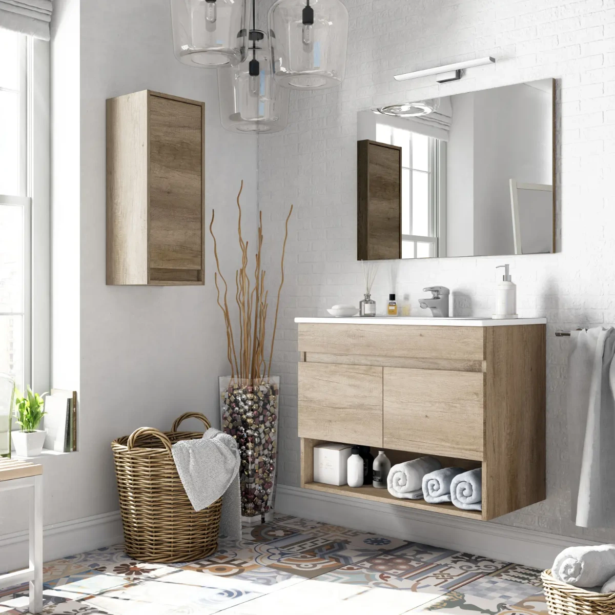 Mobile Mobiletto Bagno Sospeso Legno con 2 Ante Ripiani e Vani Aperti Lavabo in Ceramica con Specchio e Led Design Moderno Nordico La Brea