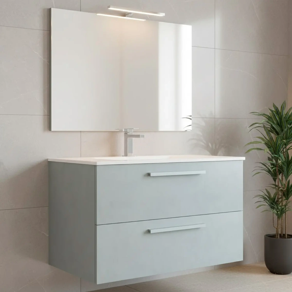 Mobile Mobiletto Bagno Sospeso con 2 Cassettoni Soft Close con Lavandino Lavabo in Ceramica Specchio e Led da 45 Cm Design Moderno Nordico