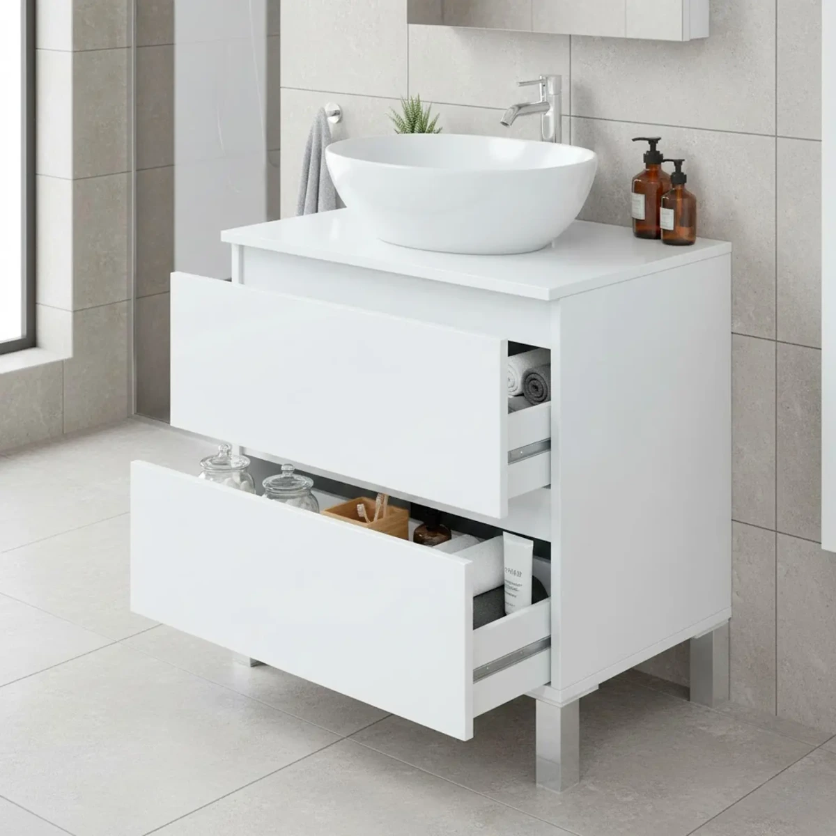Mobile Bagno Sotto Lavabo da Appoggio 2 Cassetti Salvaspazio con Guide Metalliche e Gambe in Alluminio Design Moderno Minimal Ripostiglio Lavanderia 63.5 x 60 x 40 Cm