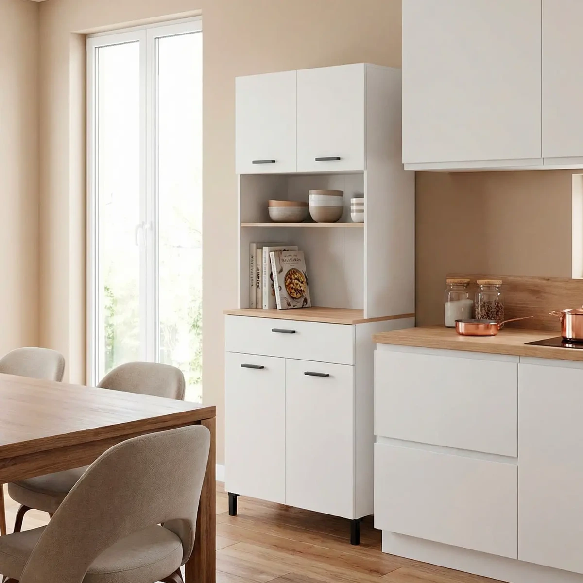 Mobile Dispensa Multiuso con 4 Ante 1 Cassetto e Vano per Elettrodomestici Colonna Cucina Salvaspazio Moderna con Ripiani interni e Piano Appoggio 72 x 185 x 40 Cm