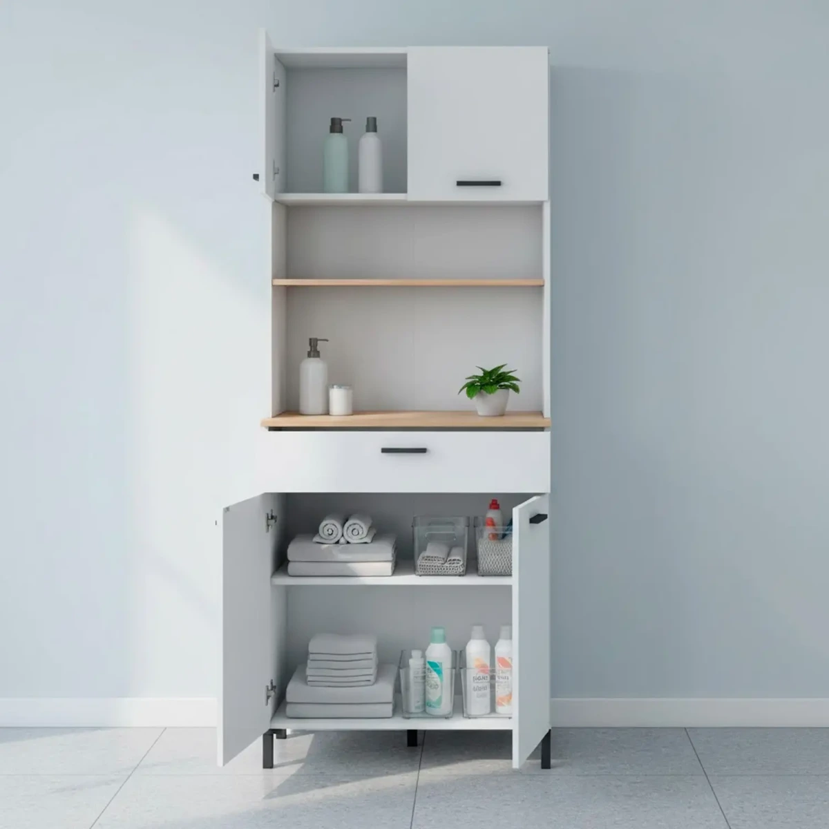 Mobile Dispensa Multiuso con 4 Ante 1 Cassetto e Vano per Elettrodomestici Colonna Cucina Salvaspazio Moderna con Ripiani interni e Piano Appoggio 72 x 185 x 40 Cm